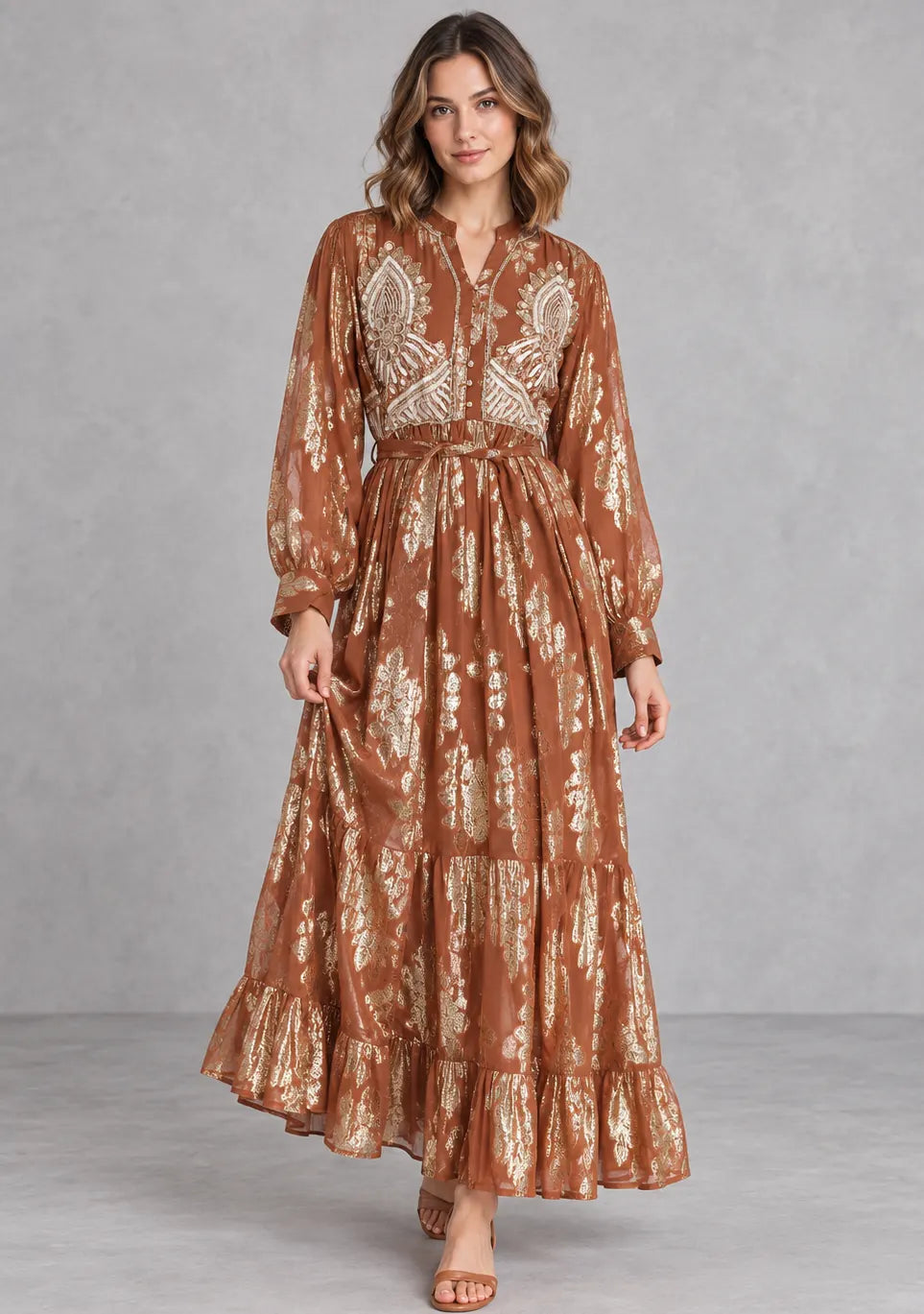 Women’s Hand-Embroidered Cotton Lurex Long Dress - Varsha