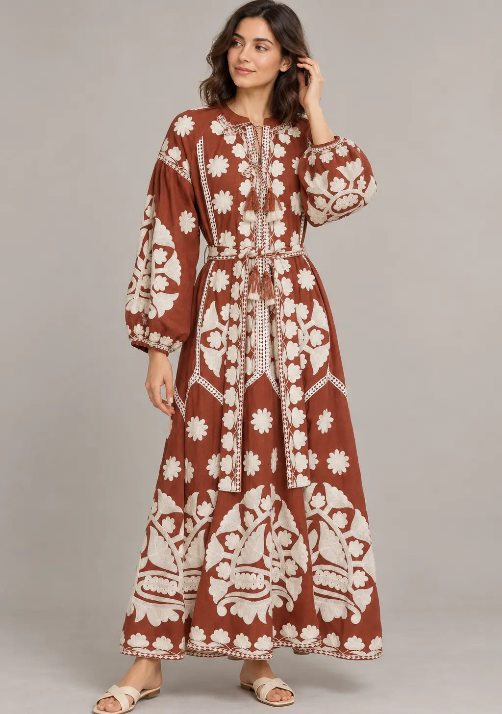 Women’s Cotton Embroidered Floral Long Dress - Ayat
