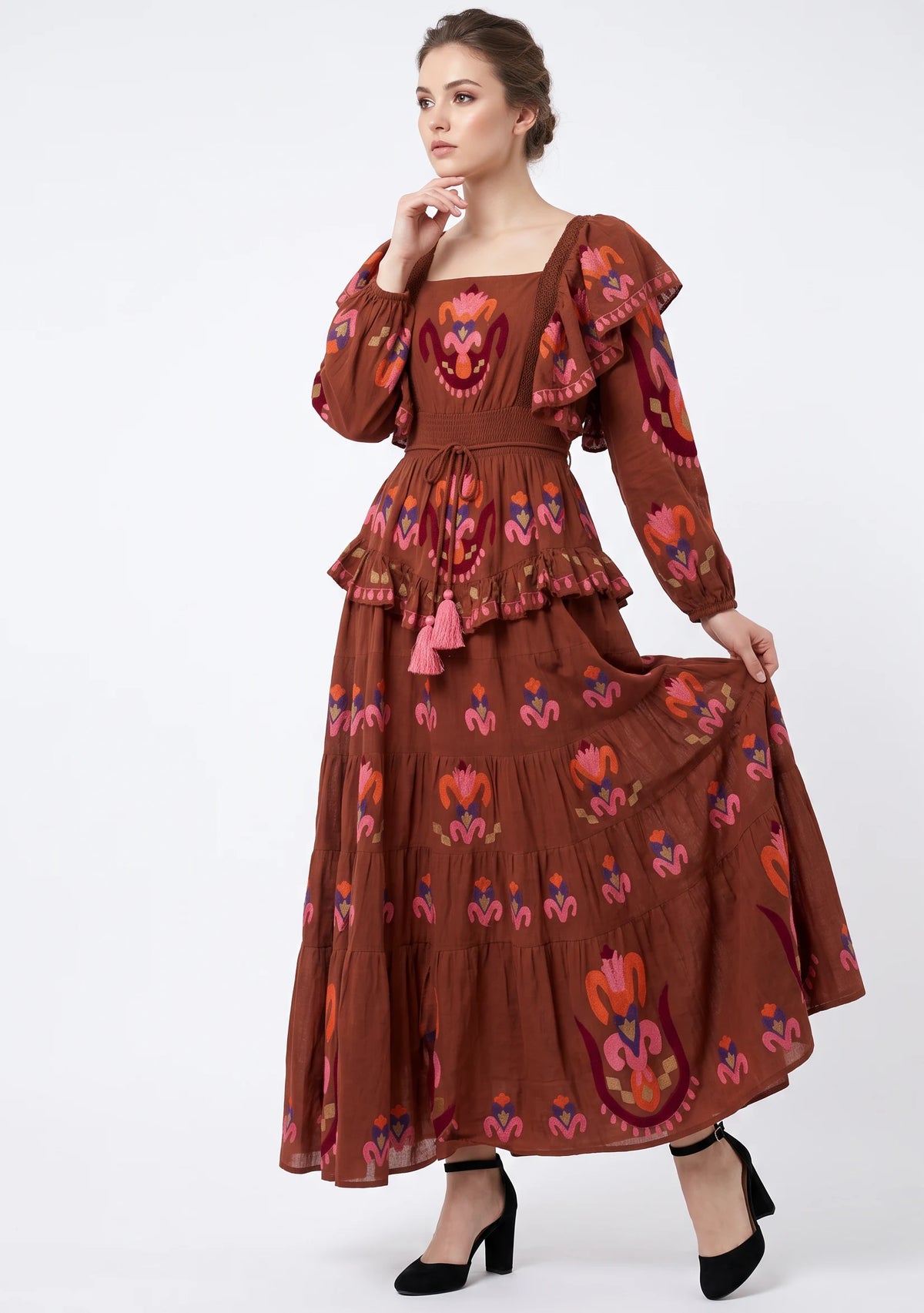 Women’s Cotton Hand-Embroidered Tiered Maxi Dress - Sona