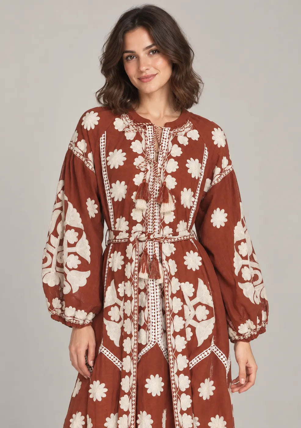 Women’s Cotton Embroidered Floral Long Dress - Ayat
