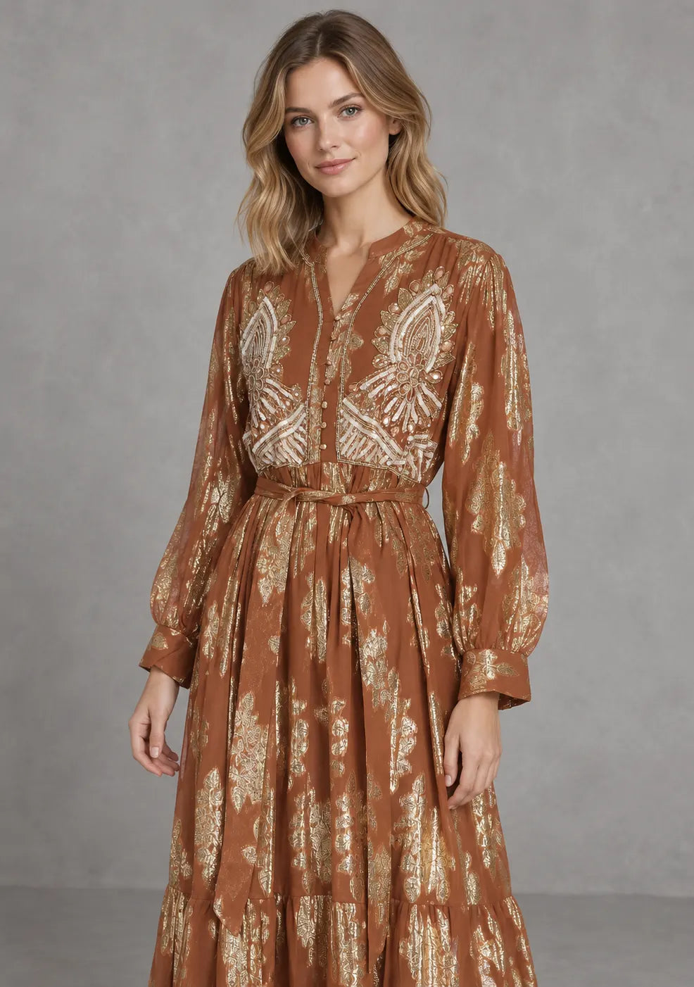 Women’s Hand-Embroidered Cotton Lurex Long Dress - Varsha