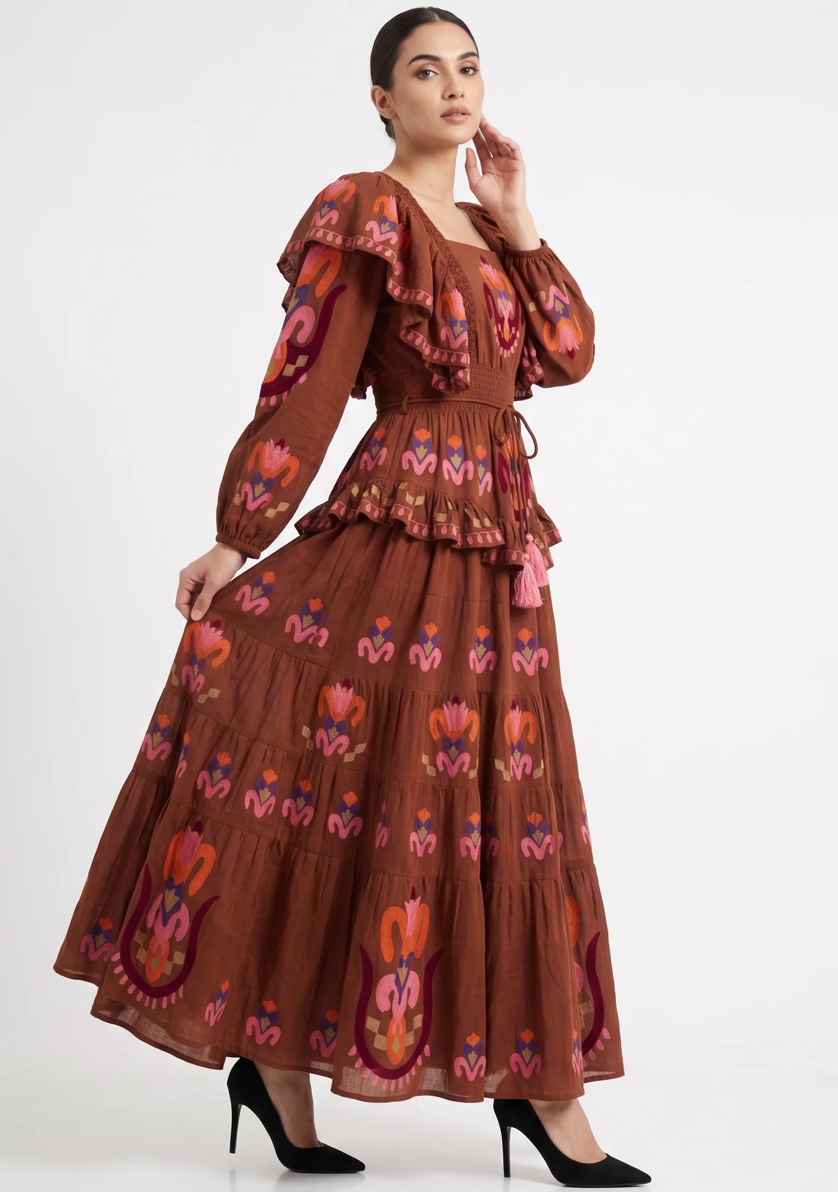Women’s Cotton Hand-Embroidered Tiered Maxi Dress - Sona