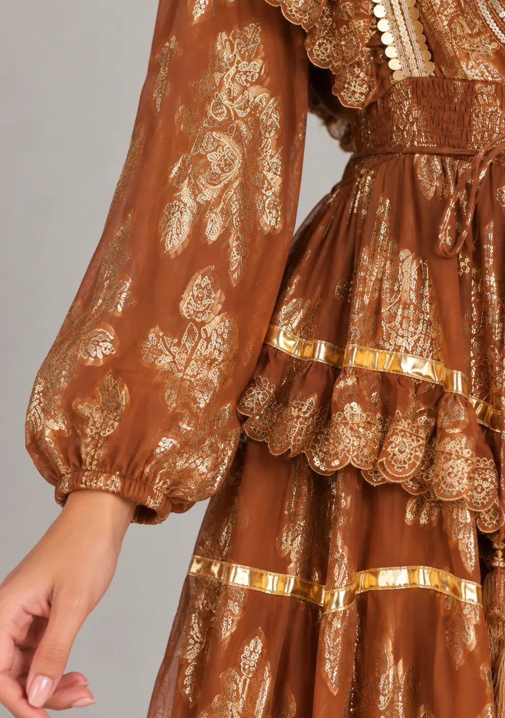 Ibban Women's Cotton Lurex Chari Long Maxi Dress with Gold Embroidery