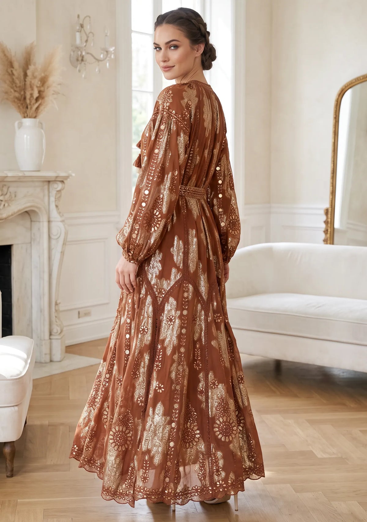 Women’s Printed Cotton Lurex Embroidered Long Dress - Mavi