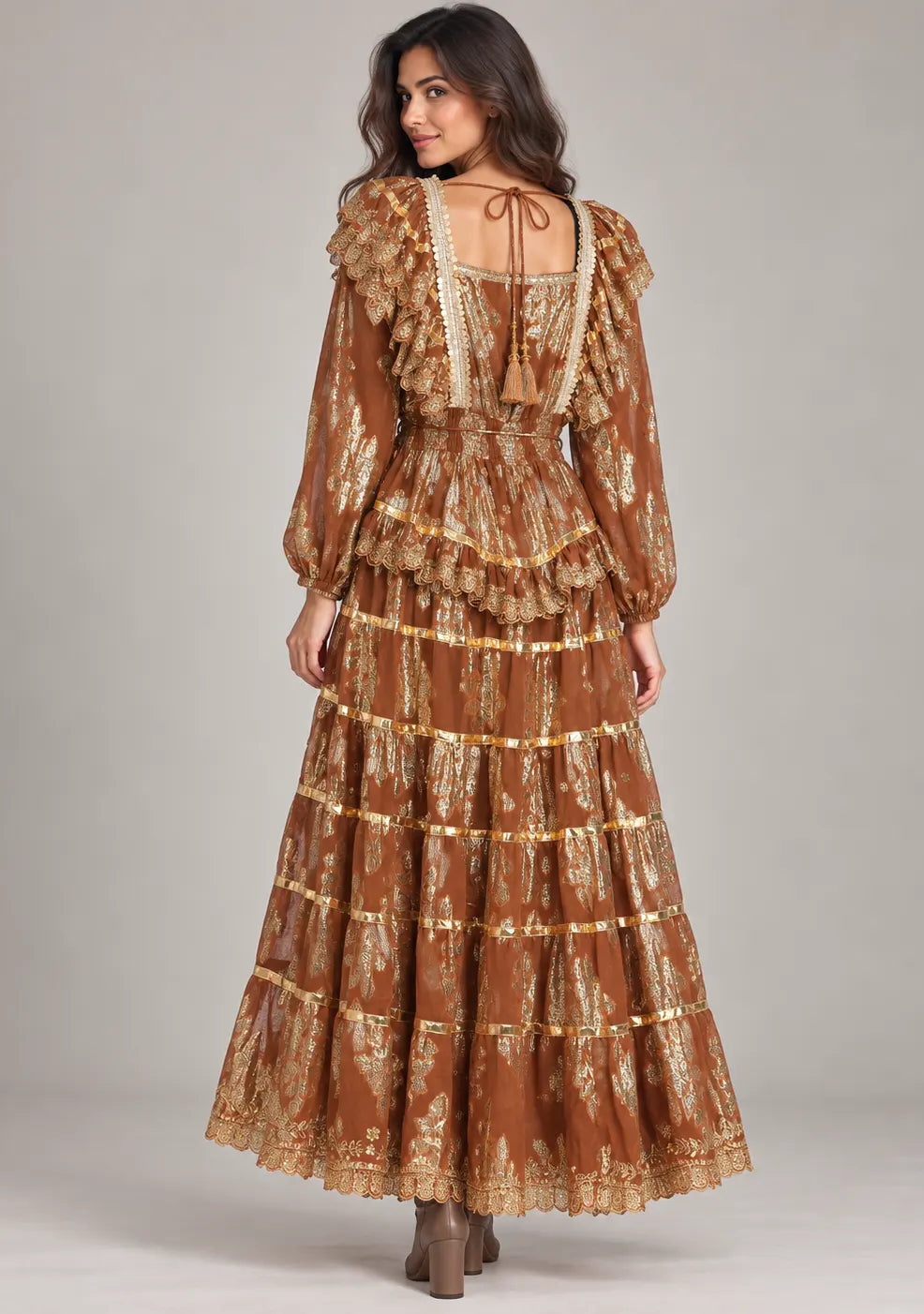 Ibban Women's Cotton Lurex Chari Long Maxi Dress with Gold Embroidery