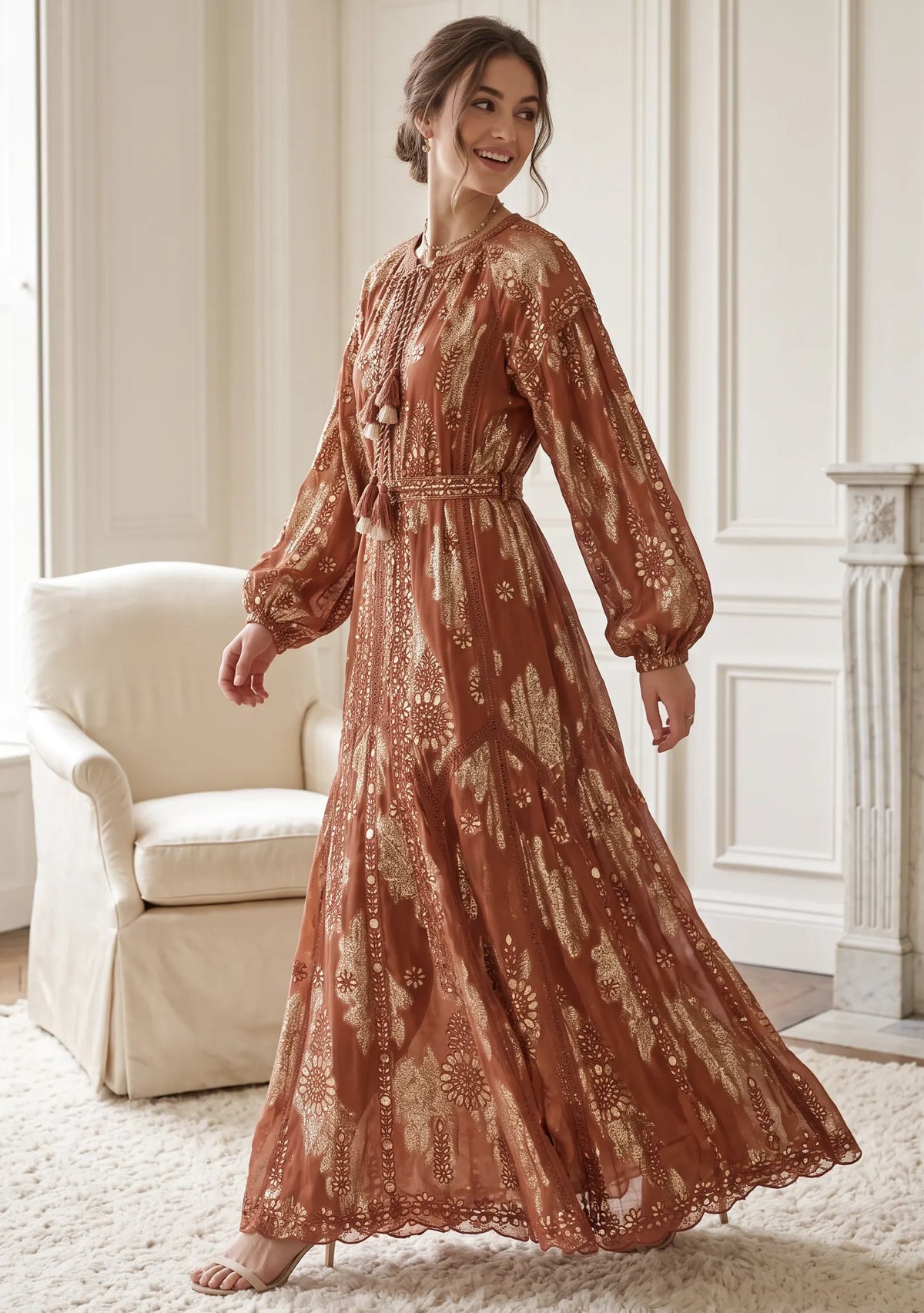 Women’s Printed Cotton Lurex Embroidered Long Dress - Mavi