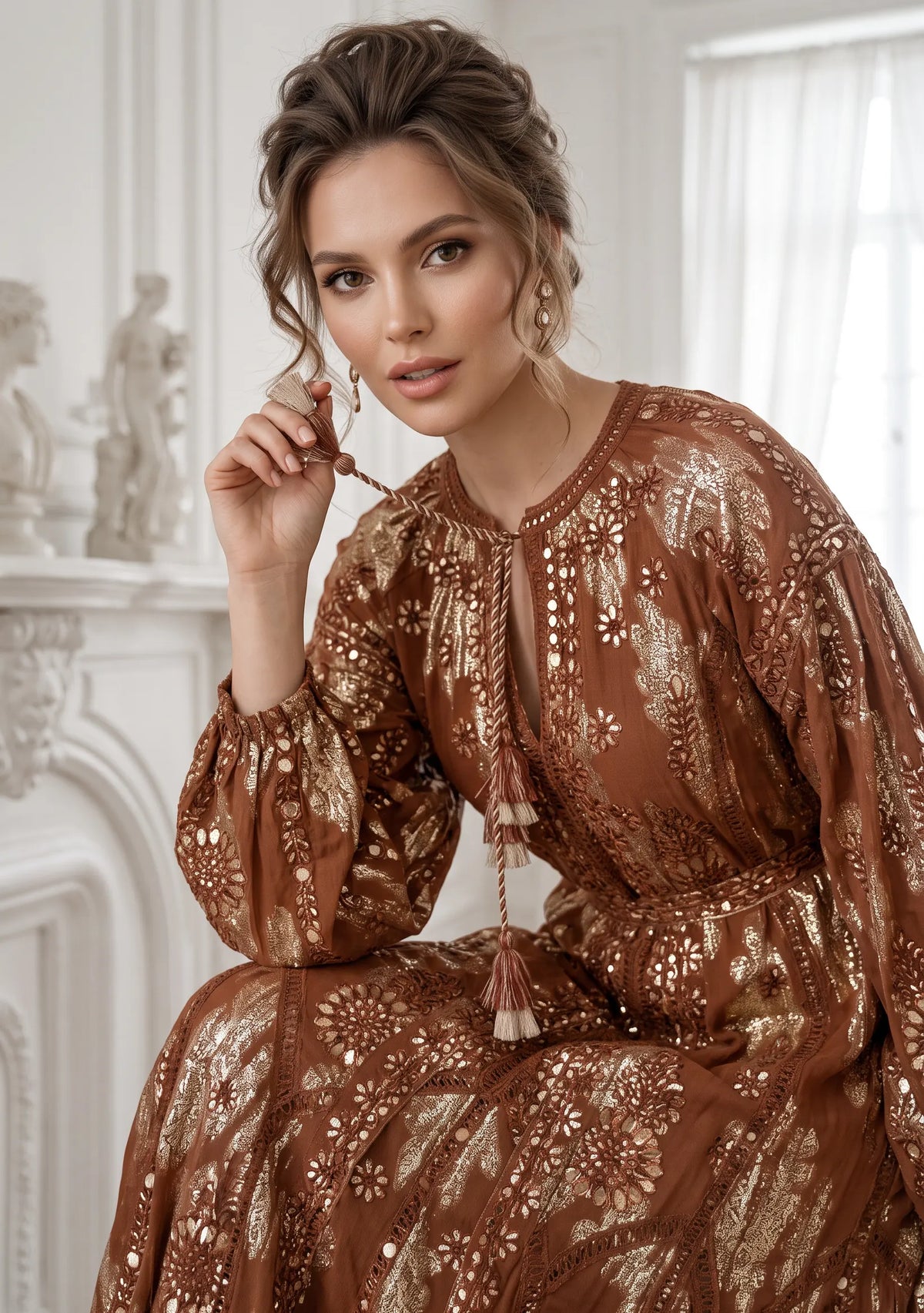 Women’s Printed Cotton Lurex Embroidered Long Dress - Mavi