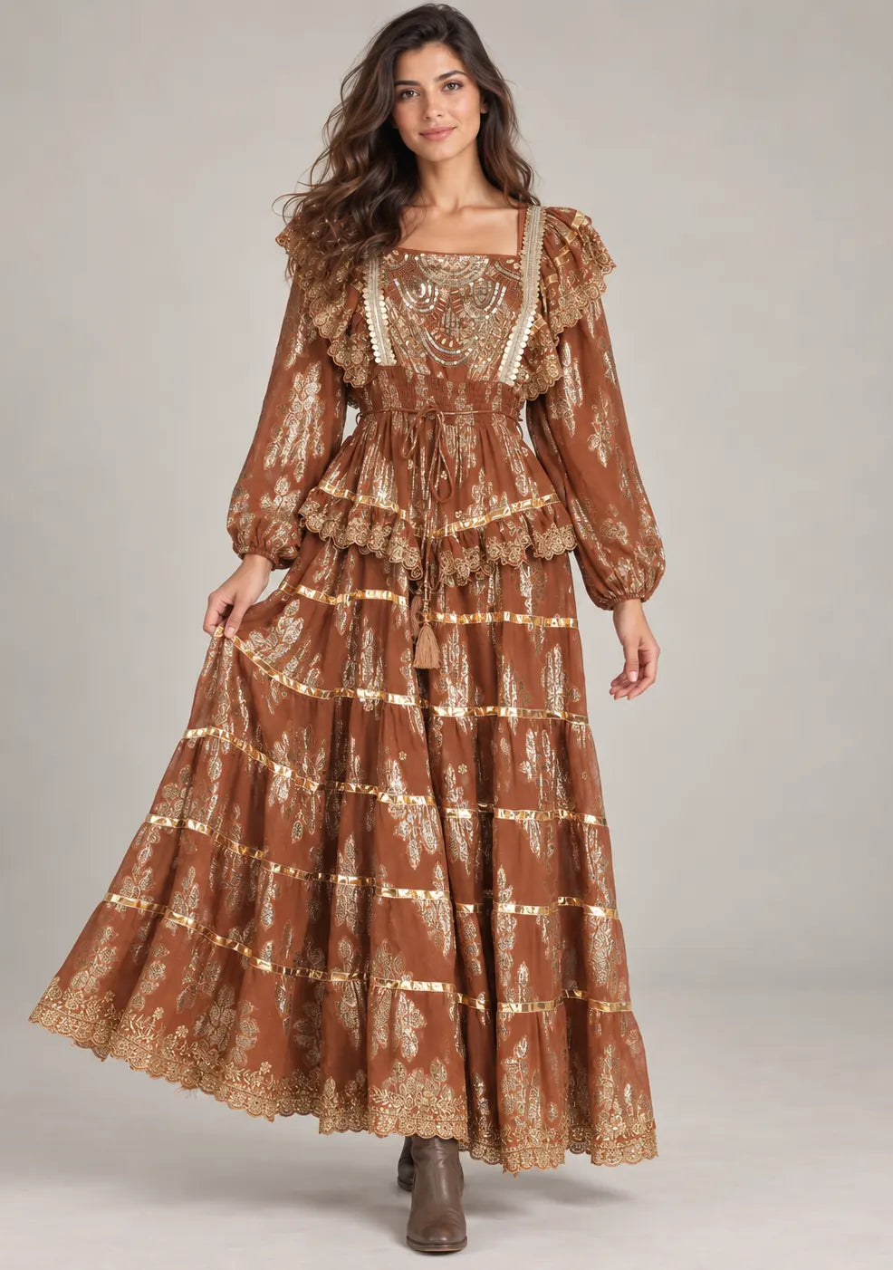 Ibban Women's Cotton Lurex Chari Long Maxi Dress with Gold Embroidery