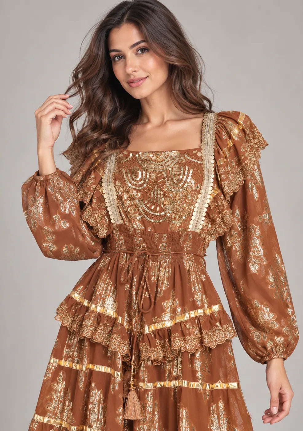 Ibban Women's Cotton Lurex Chari Long Maxi Dress with Gold Embroidery