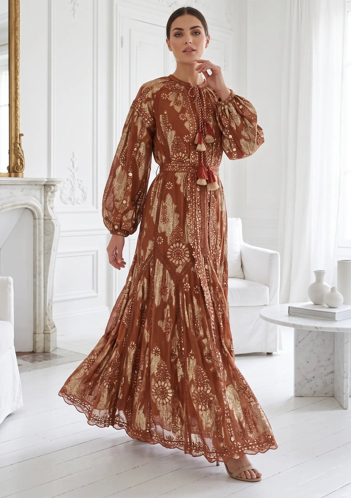 Women’s Printed Cotton Lurex Embroidered Long Dress - Mavi