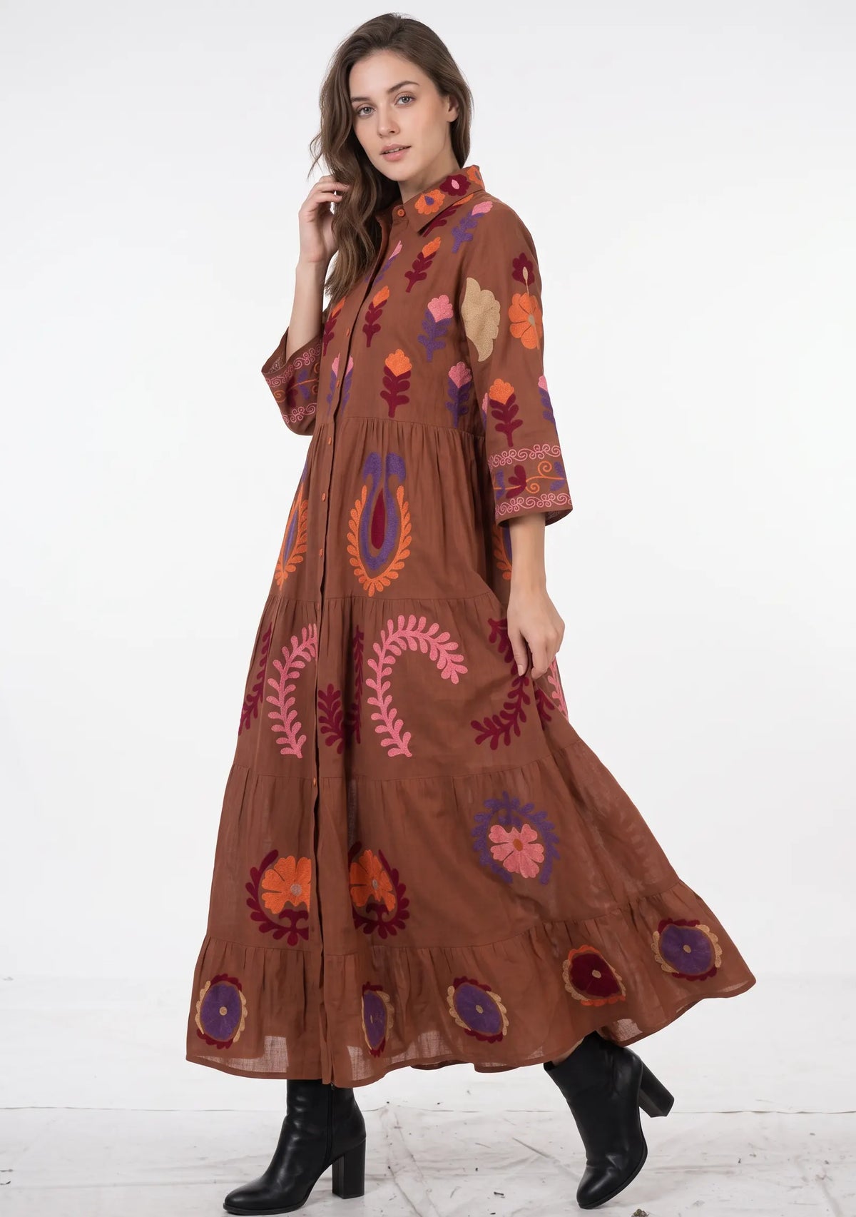 Women’s Cotton Hand-Embroidered Tiered Long Tunic - Ambir