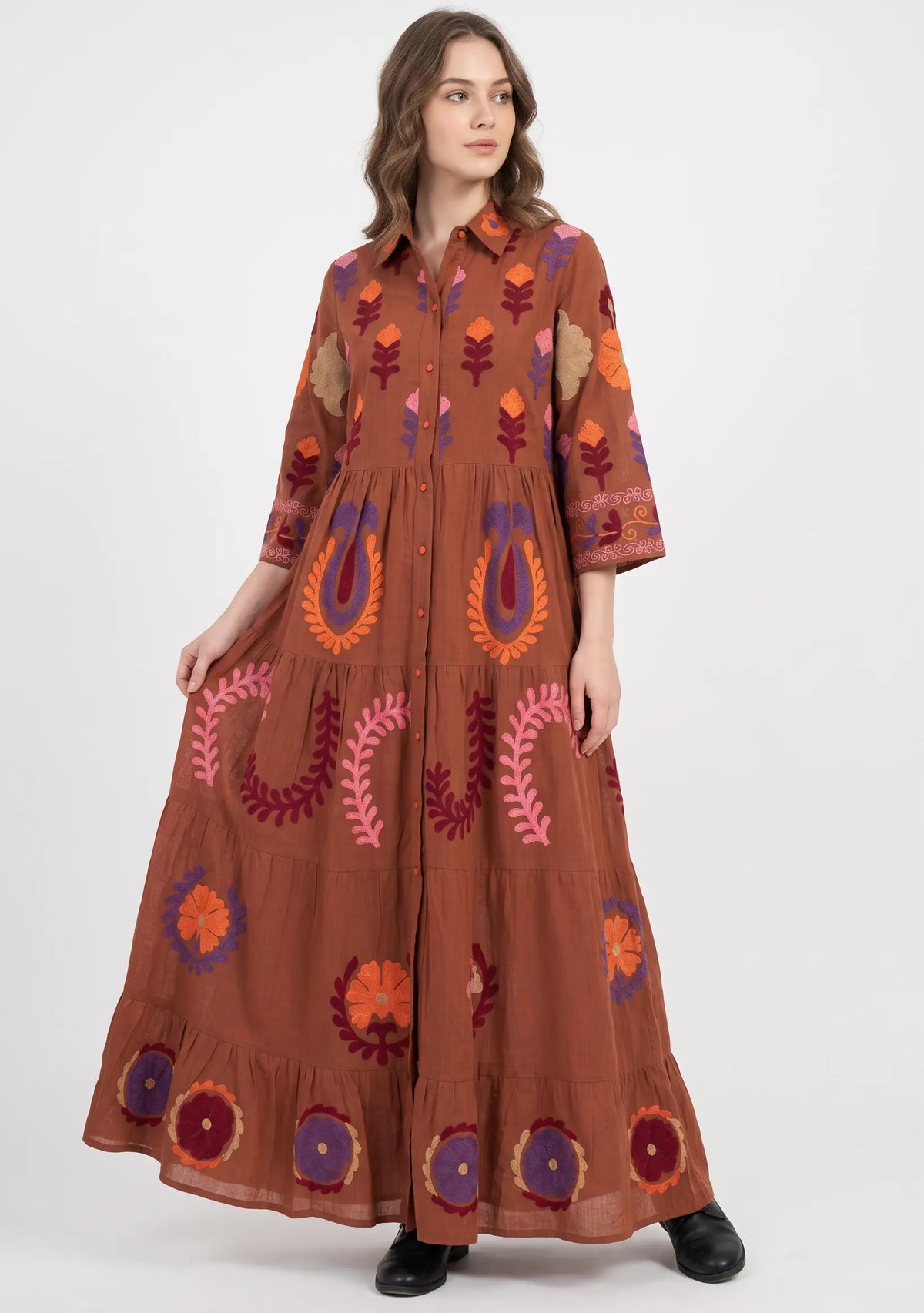 Women’s Cotton Hand-Embroidered Tiered Long Tunic - Ambir