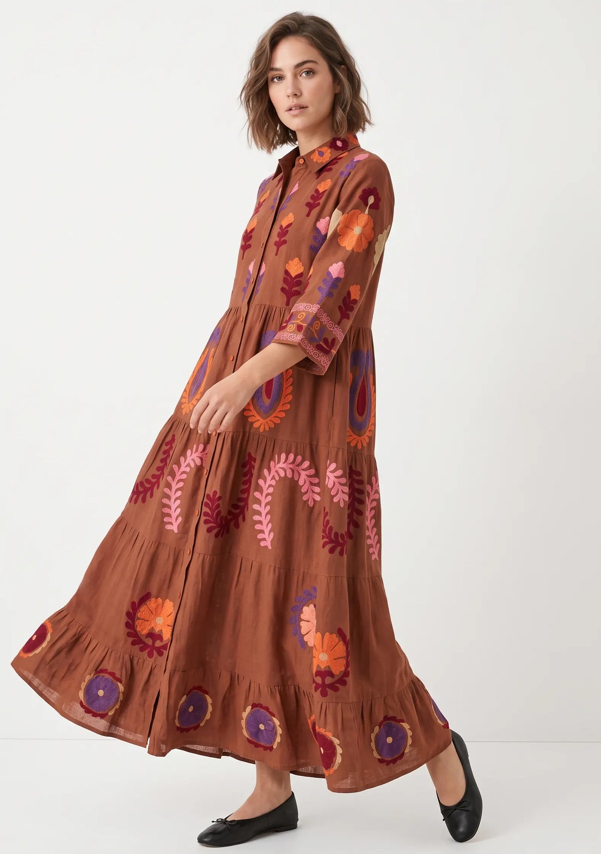 Women’s Cotton Hand-Embroidered Tiered Long Tunic - Ambir