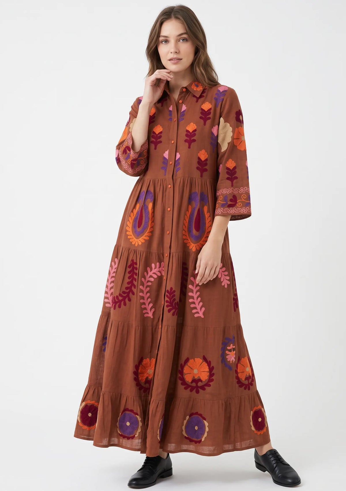 Women’s Cotton Hand-Embroidered Tiered Long Tunic - Ambir