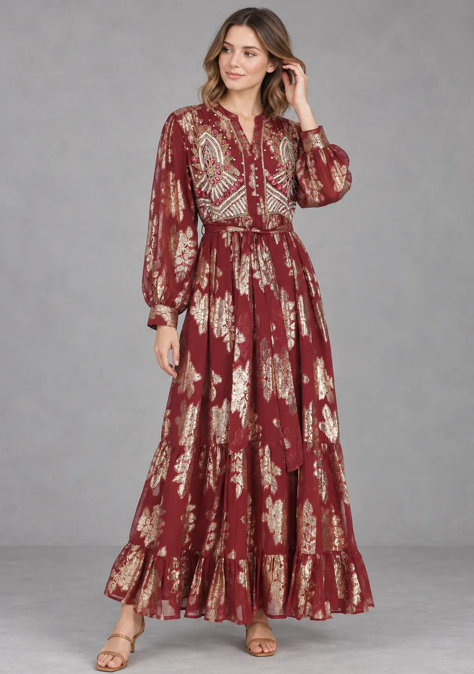 Women’s Hand-Embroidered Cotton Lurex Long Dress - Varsha