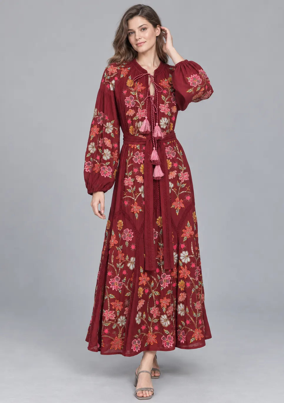 Women’s Cotton Long Dress with Floral Hand Embroidery -Ravila