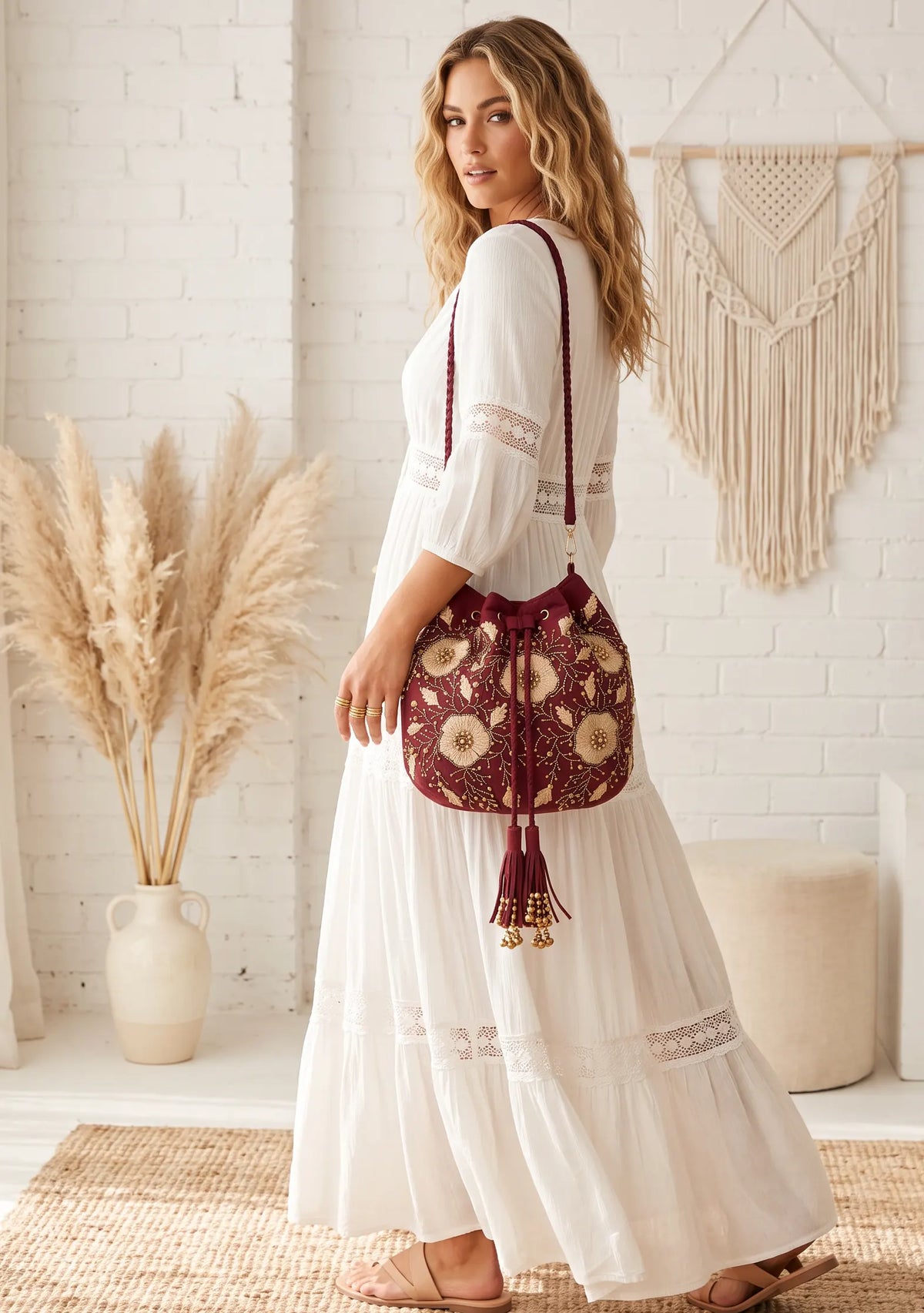 ibBan Hand-Embroidered Burgundy Potli Bag - Johri
