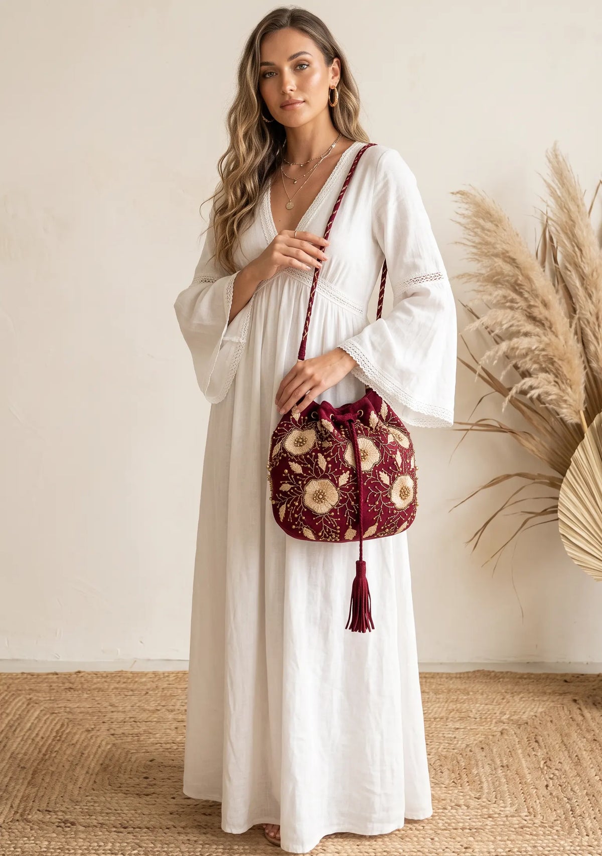 ibBan Hand-Embroidered Canvas Potli Bag with Beadwork - Johri