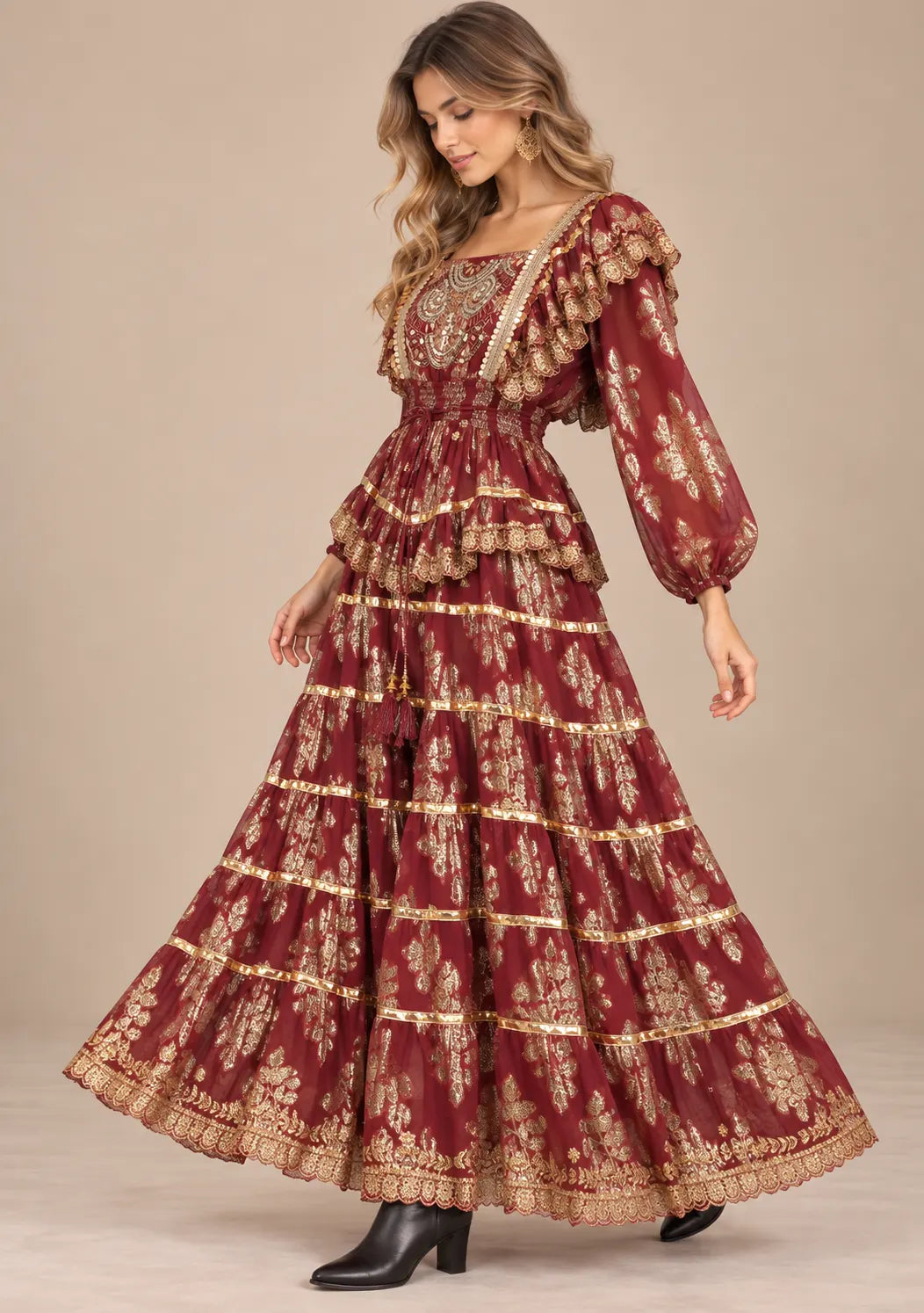 Ibban Women's Cotton Lurex Chari Long Maxi Dress with Gold Embroidery