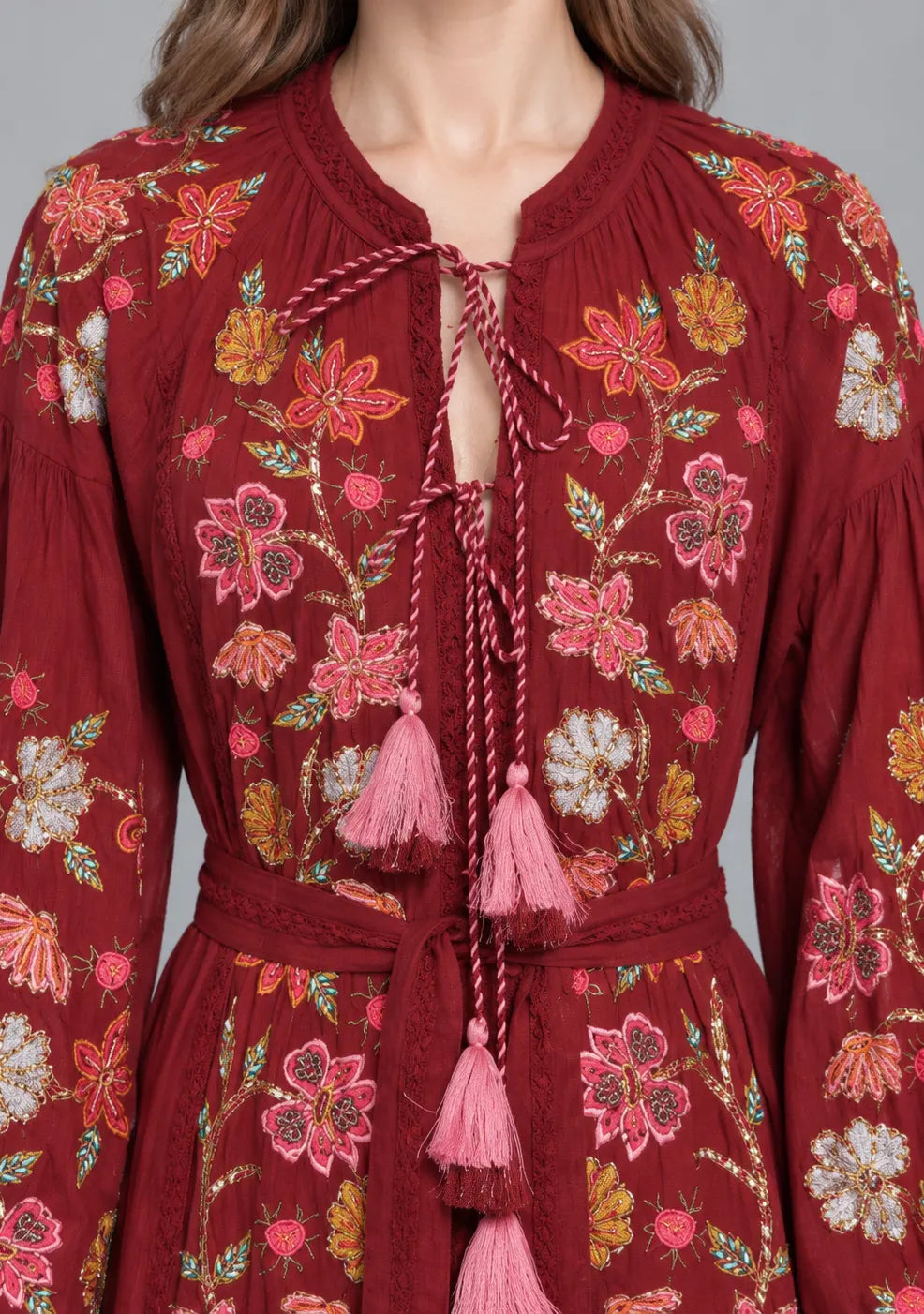 Women’s Cotton Long Dress with Floral Hand Embroidery -Ravila
