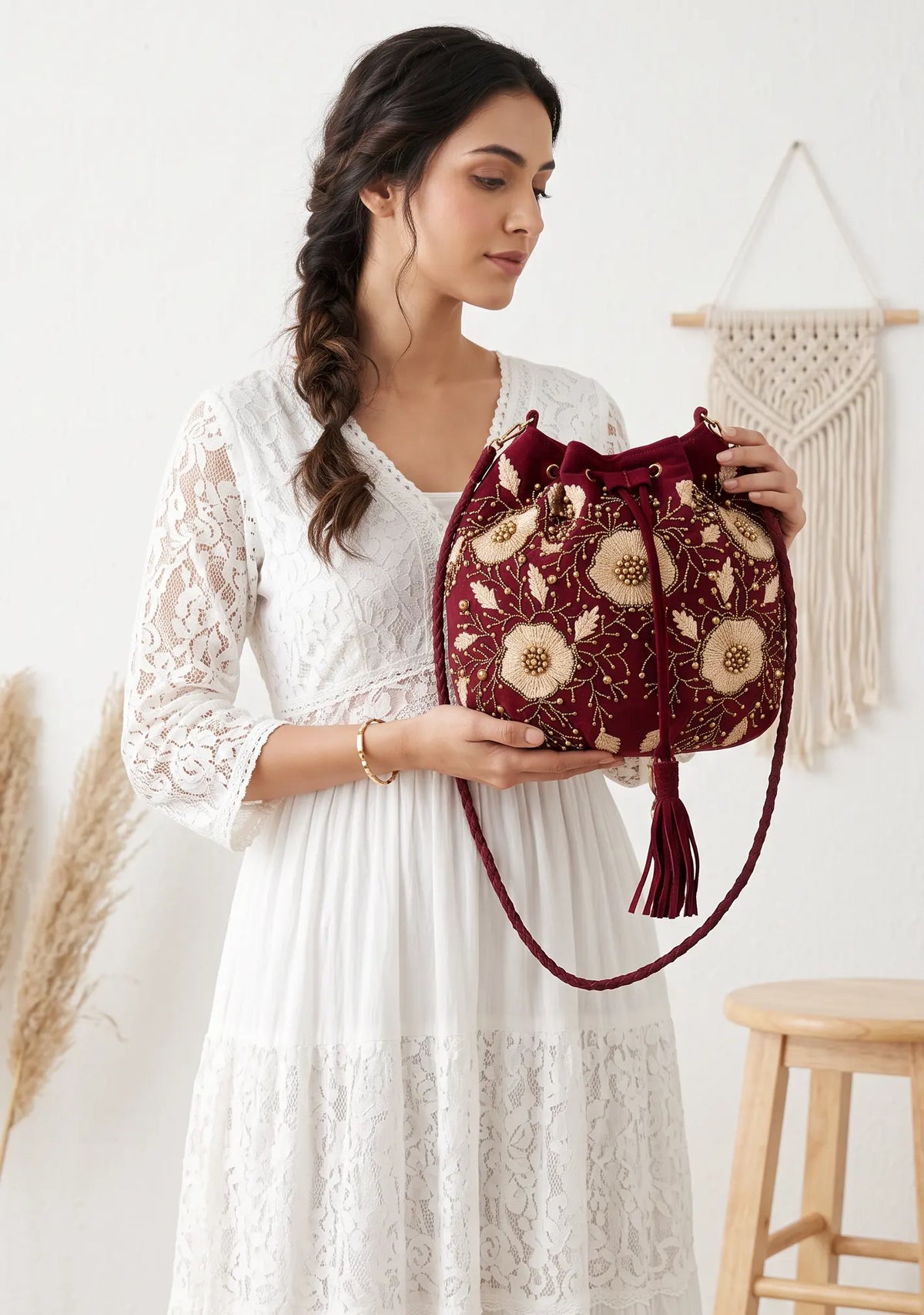 ibBan Hand-Embroidered Burgundy Potli Bag - Johri