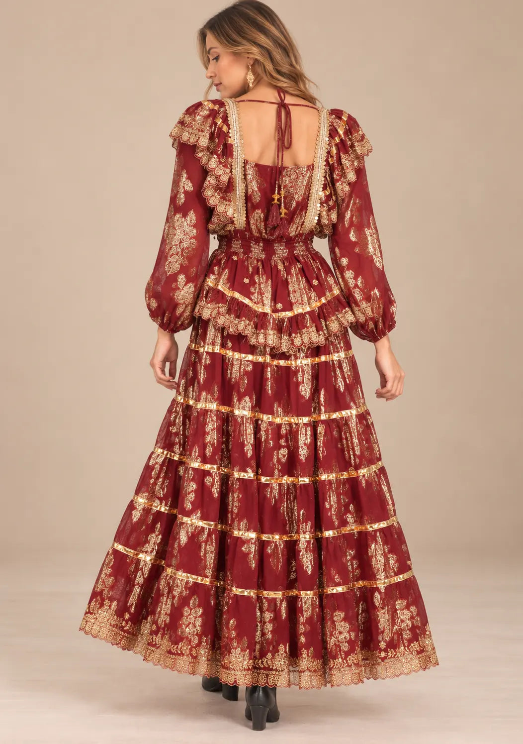 Ibban Women's Cotton Lurex Chari Long Maxi Dress with Gold Embroidery