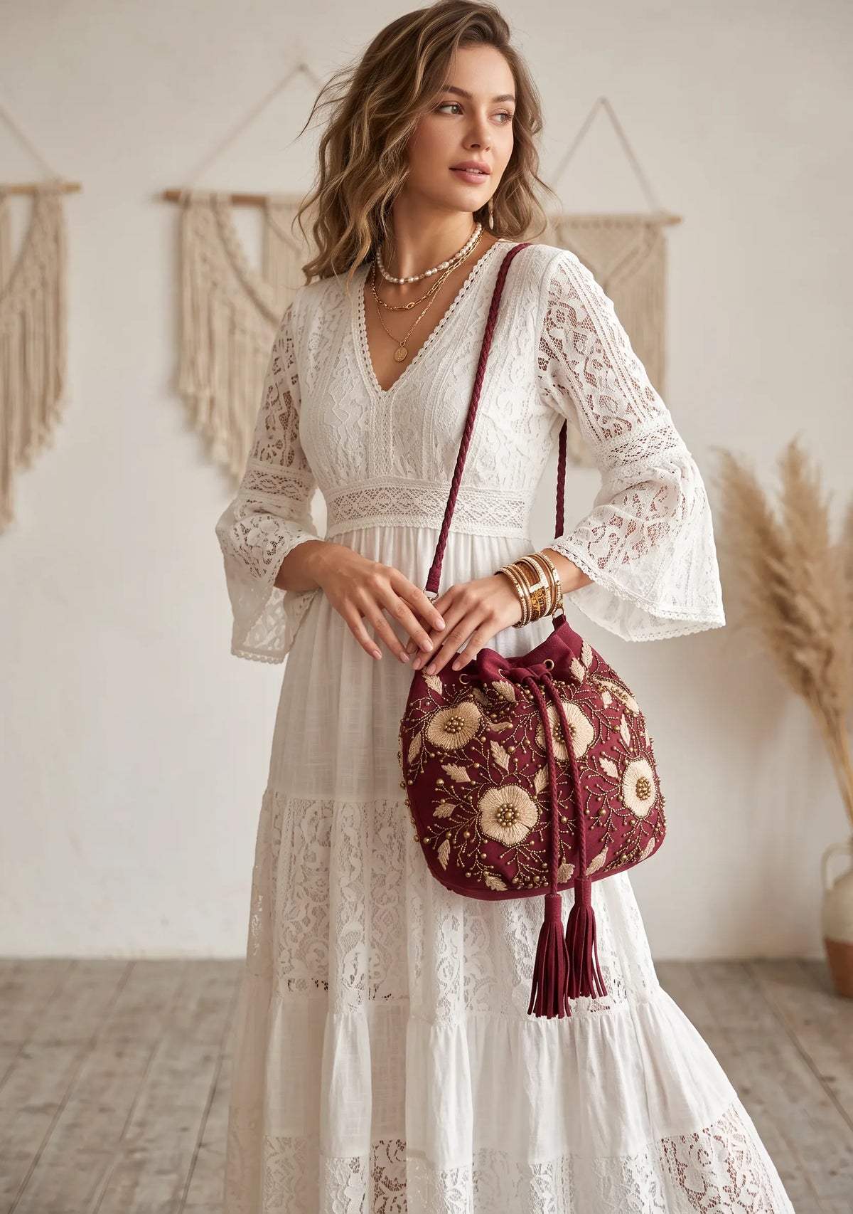 ibBan Hand-Embroidered Canvas Potli Bag with Beadwork - Johri