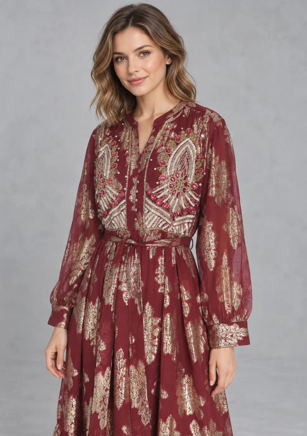 Women’s Hand-Embroidered Cotton Lurex Long Dress - Varsha