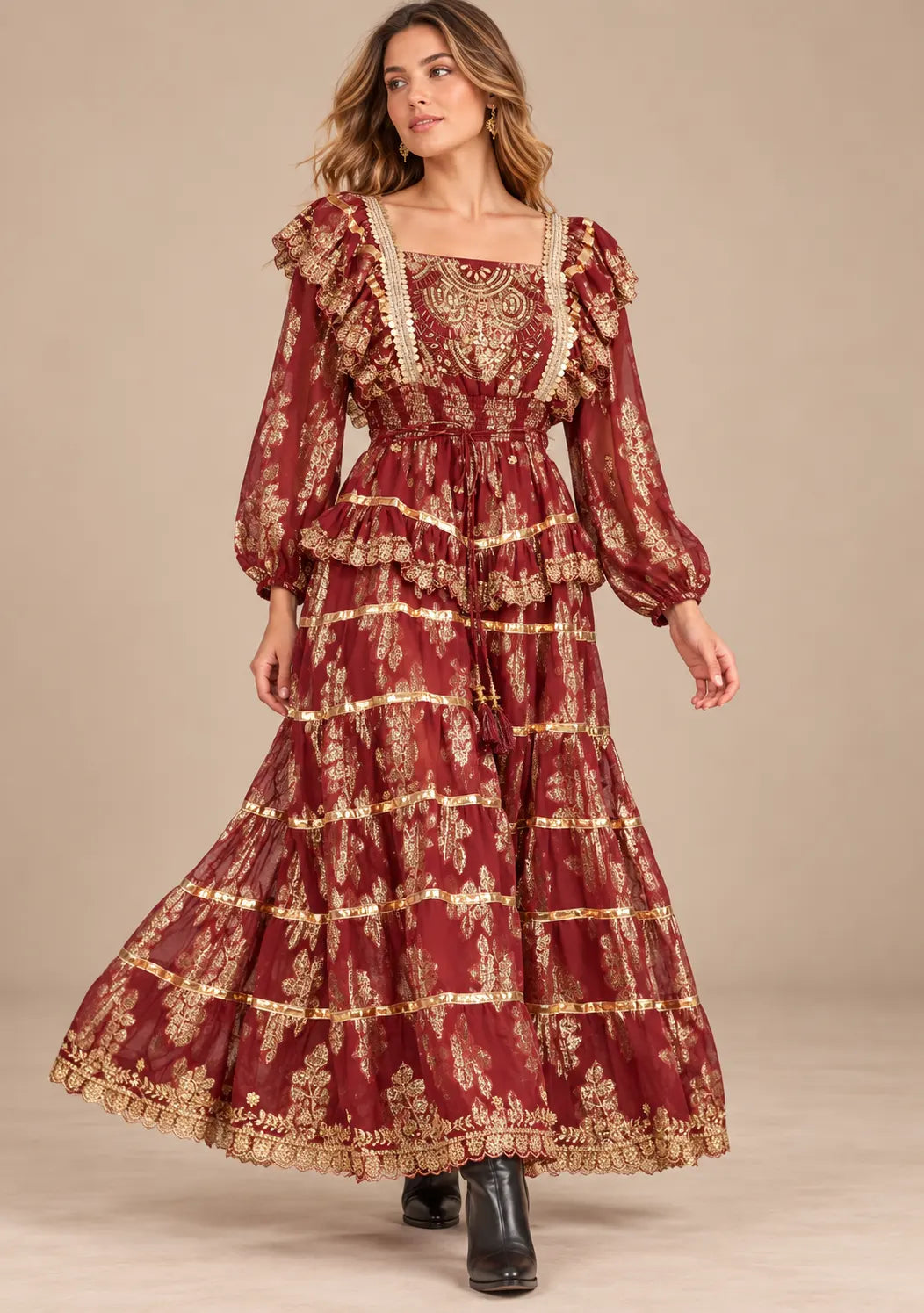 Ibban Women's Cotton Lurex Chari Long Maxi Dress with Gold Embroidery