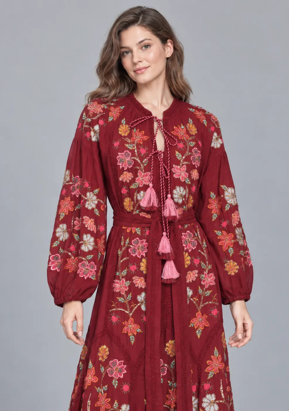 Women’s Cotton Long Dress with Floral Hand Embroidery -Ravila