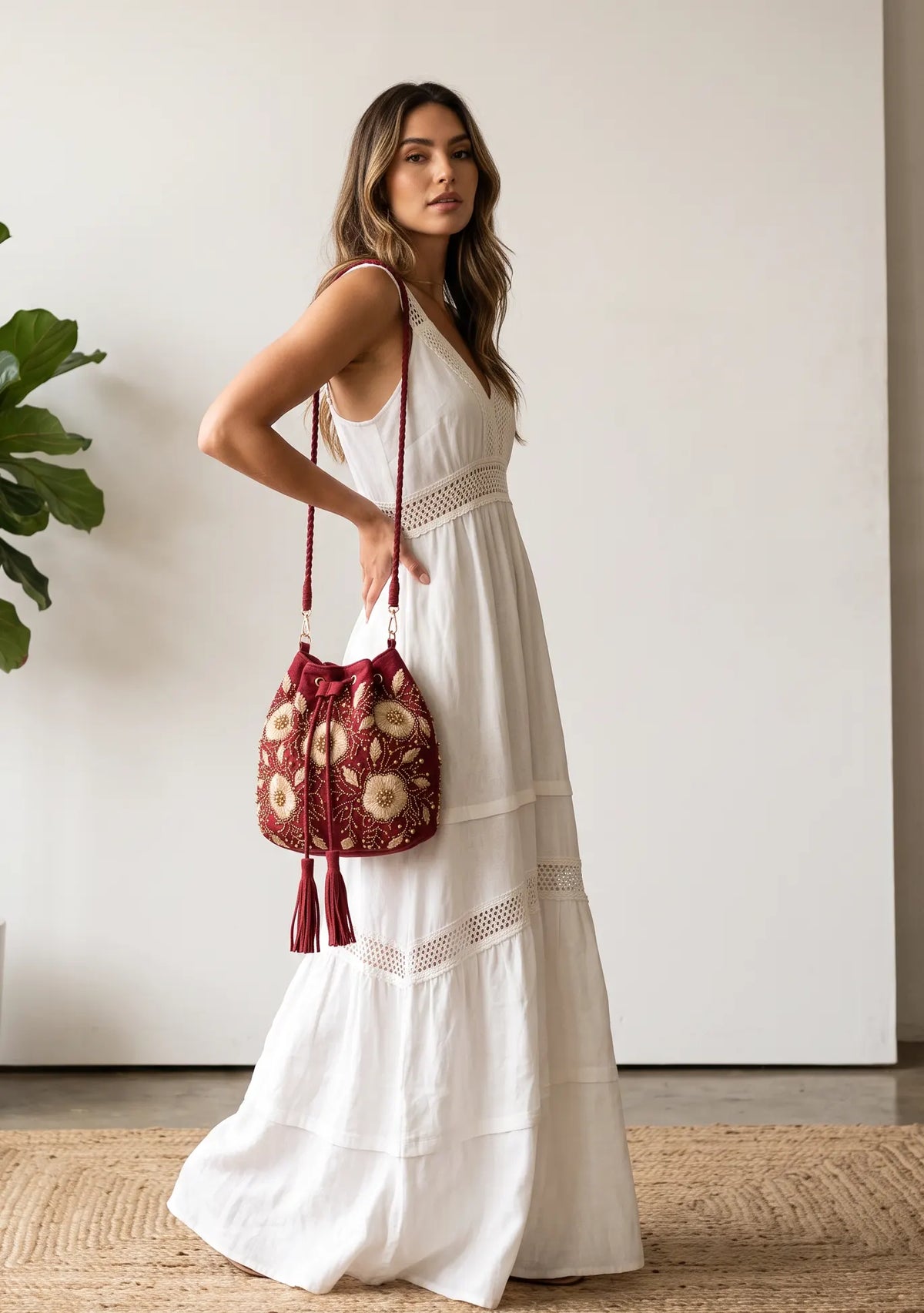ibBan Hand-Embroidered Canvas Potli Bag with Beadwork - Johri