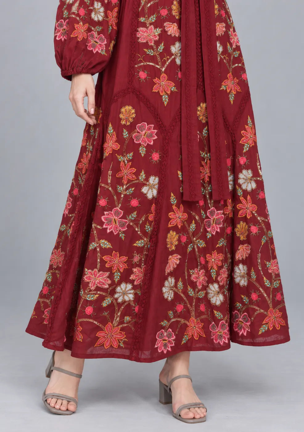 Women’s Cotton Long Dress with Floral Hand Embroidery -Ravila