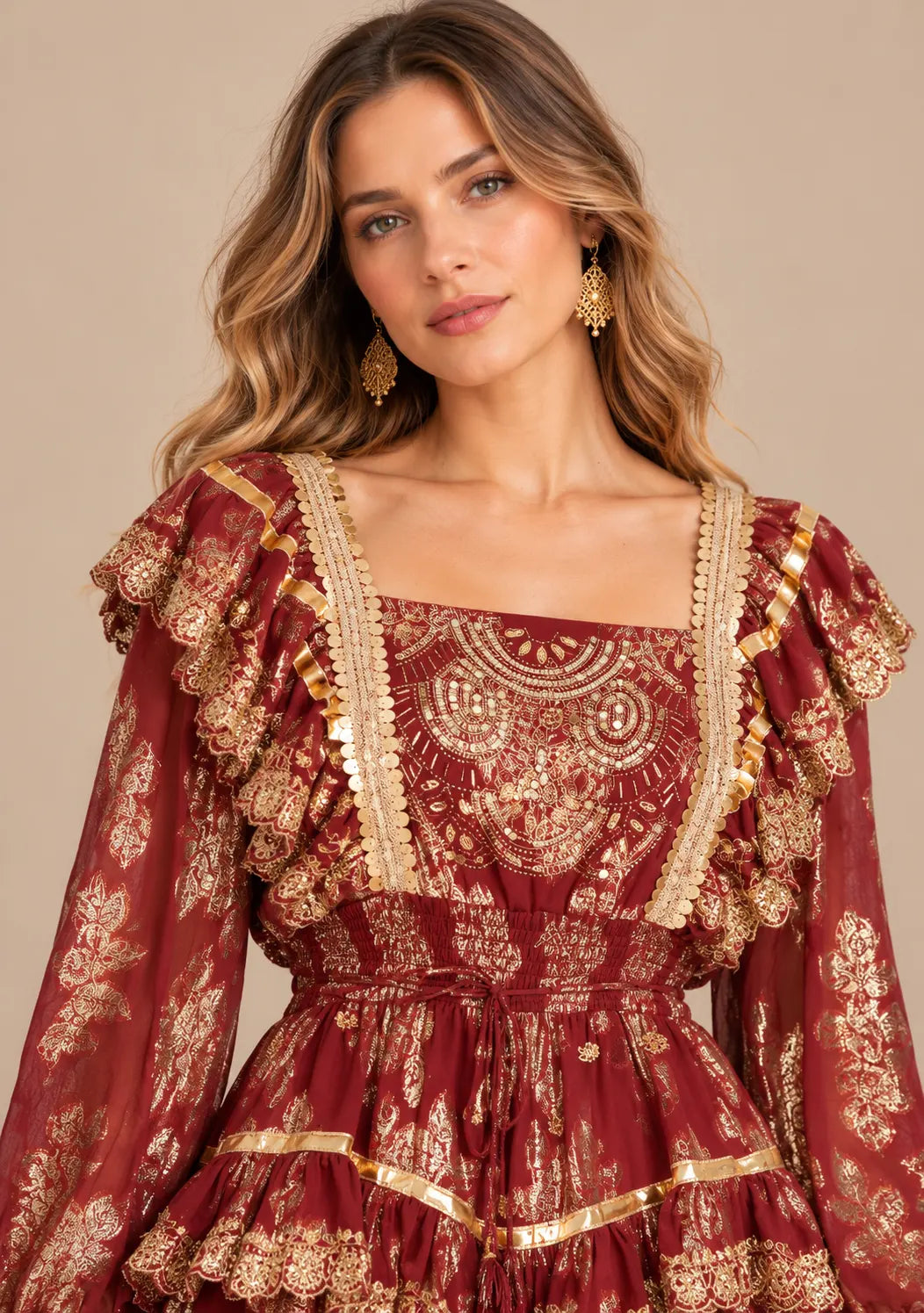 Ibban Women's Cotton Lurex Chari Long Maxi Dress with Gold Embroidery