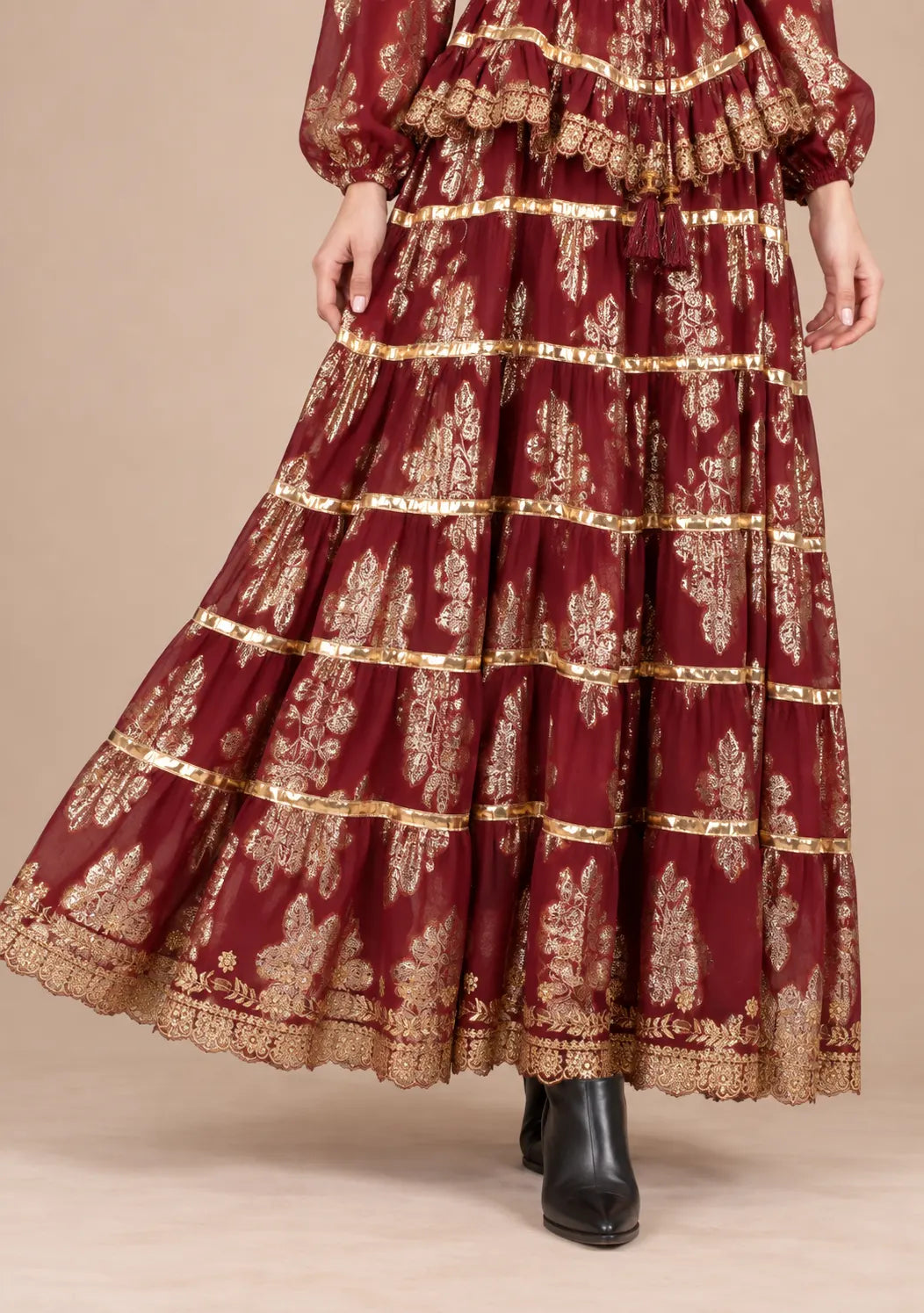 Ibban Women's Cotton Lurex Chari Long Maxi Dress with Gold Embroidery