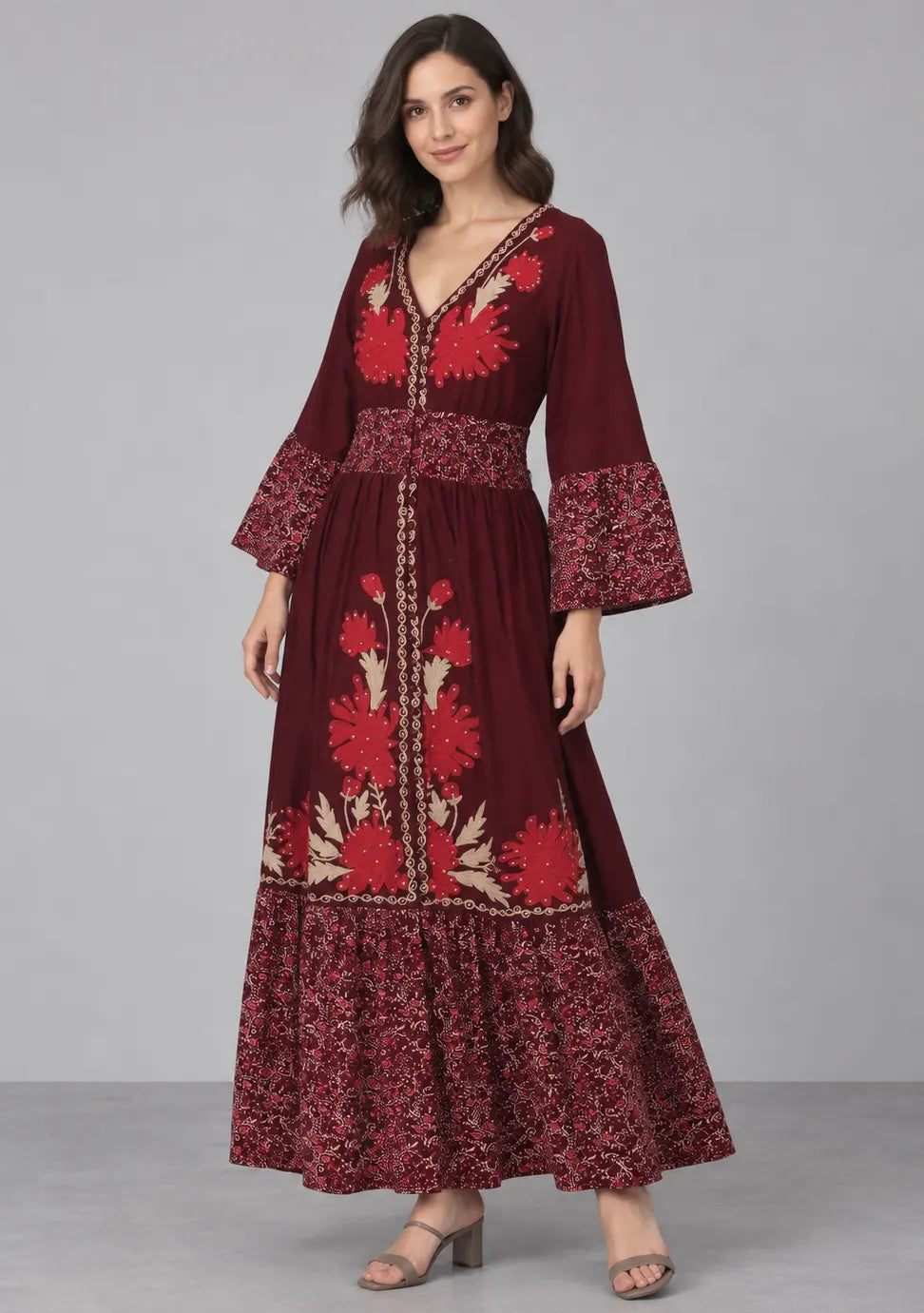 Women’s Cotton Jersey Floral Maxi Dress with Hand Embroidery - Fazli