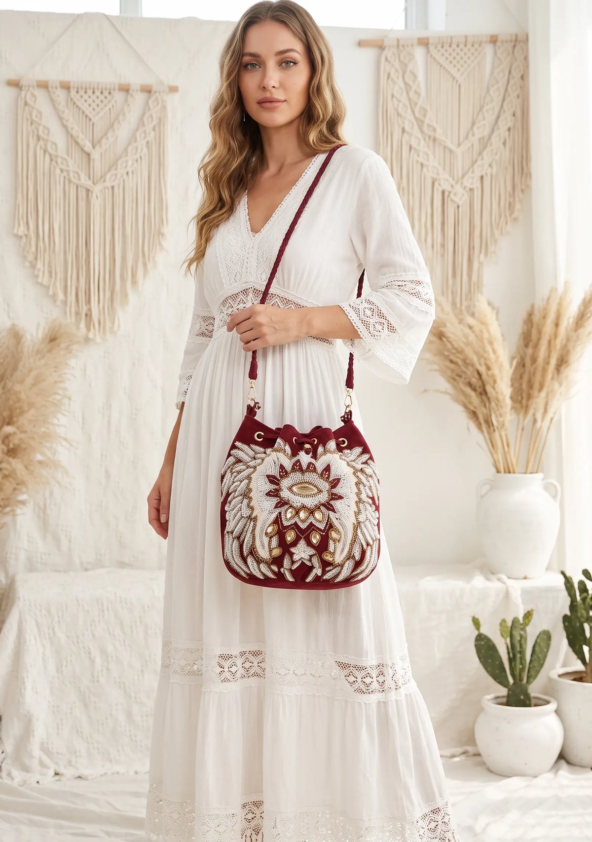 ibBan Hand-Embroidered Canvas Potli Bag with Beadwork - Leona