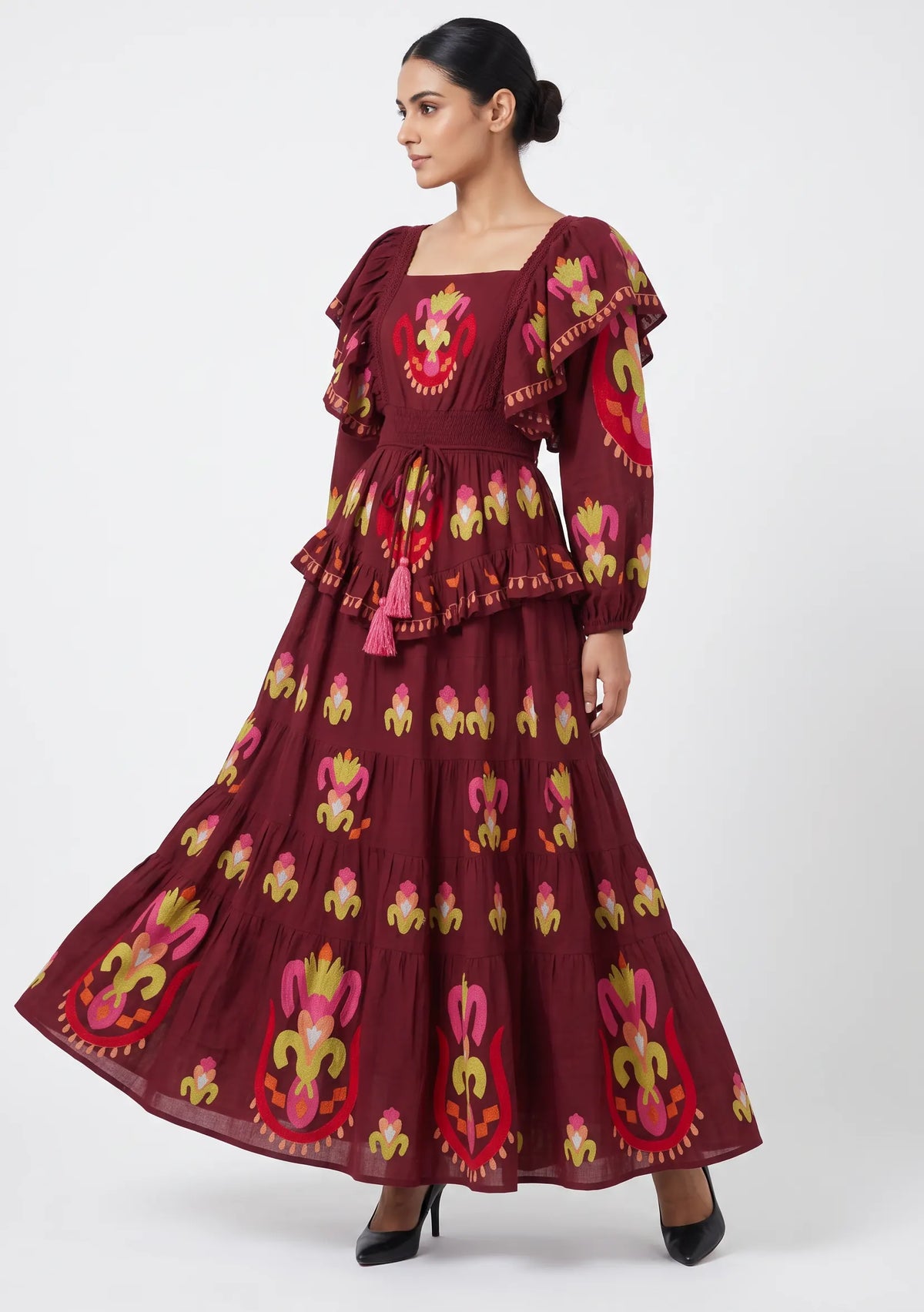 Women’s Cotton Hand-Embroidered Tiered Maxi Dress - Sona