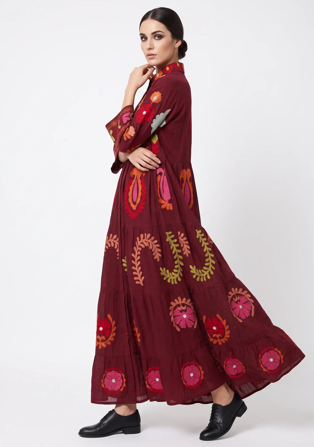 Women’s Cotton Hand-Embroidered Tiered Long Tunic - Ambir