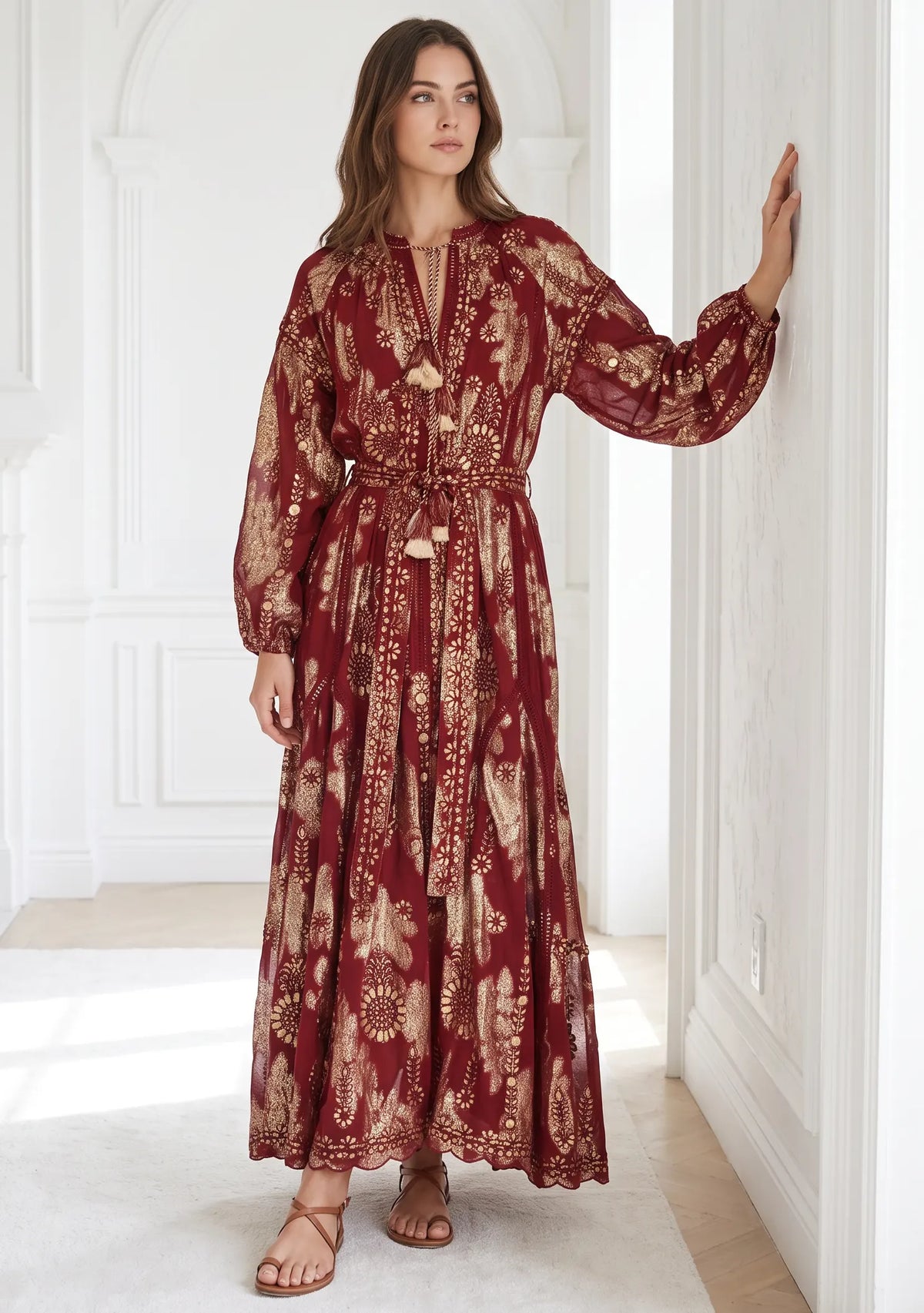 Women’s Printed Cotton Lurex Embroidered Long Dress - Mavi
