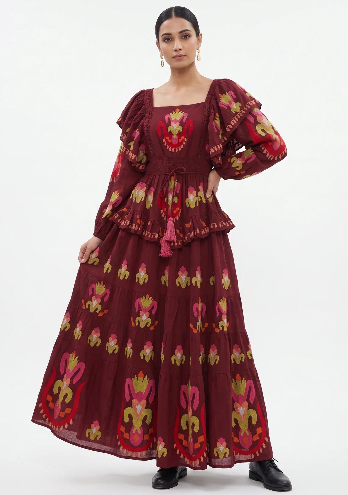 Women’s Cotton Hand-Embroidered Tiered Maxi Dress - Sona