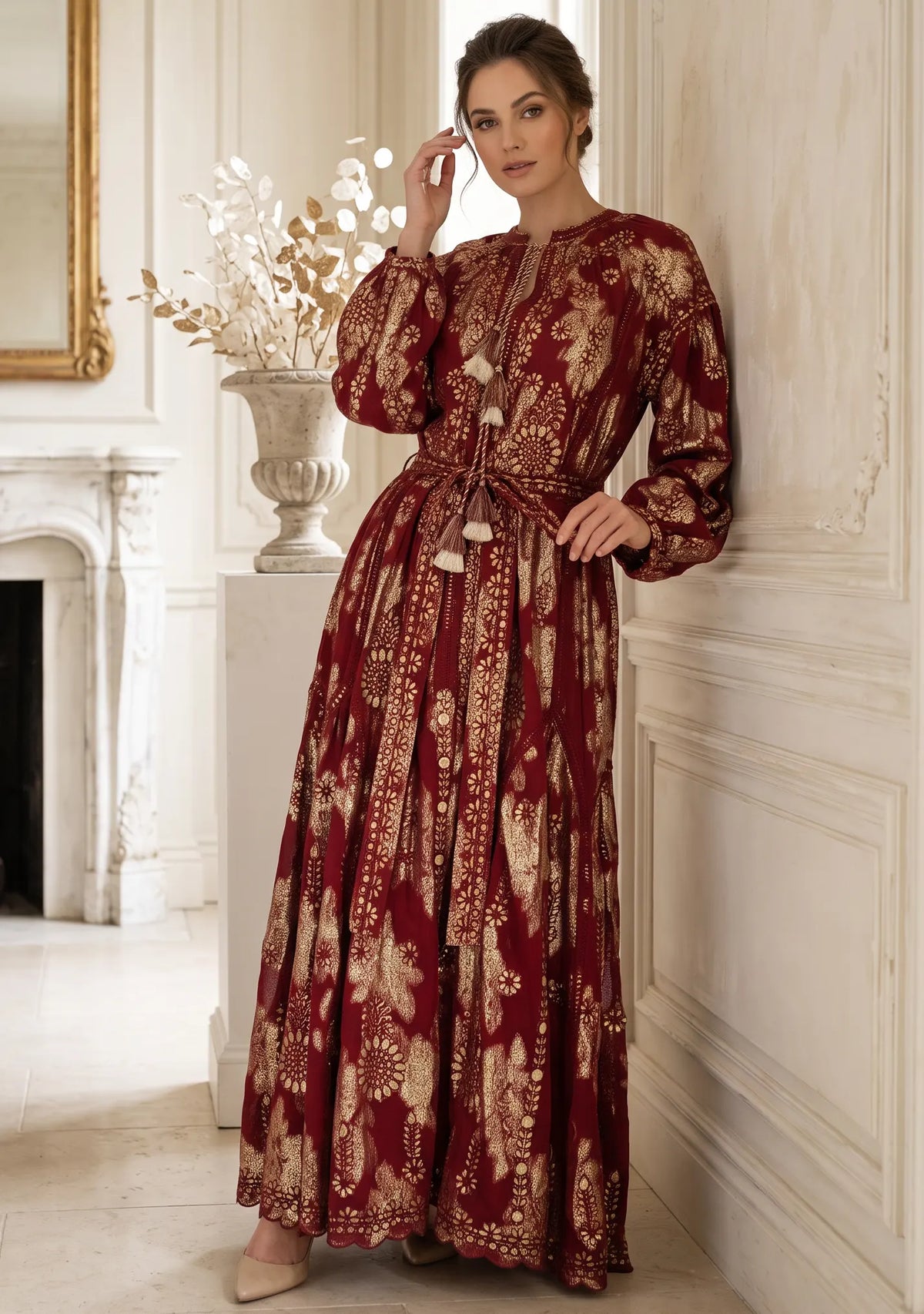 Women’s Printed Cotton Lurex Embroidered Long Dress - Mavi