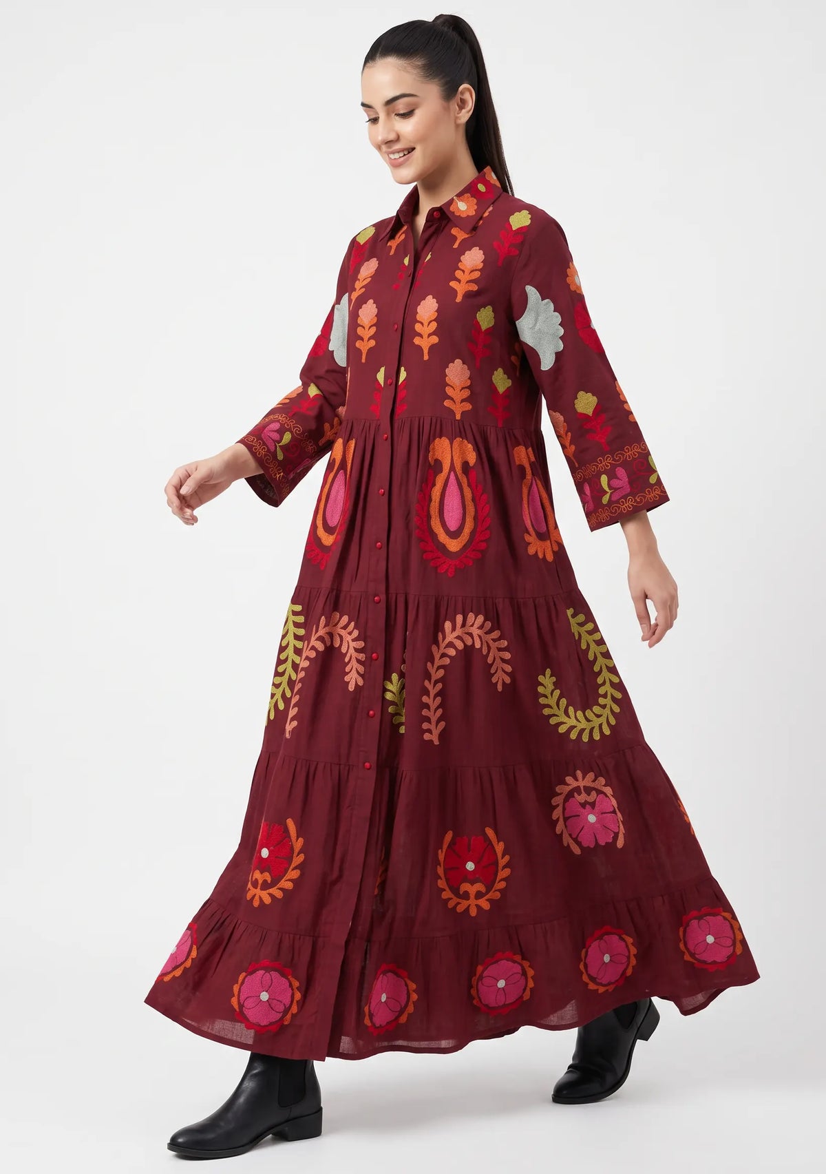 Women’s Cotton Hand-Embroidered Tiered Long Tunic - Ambir