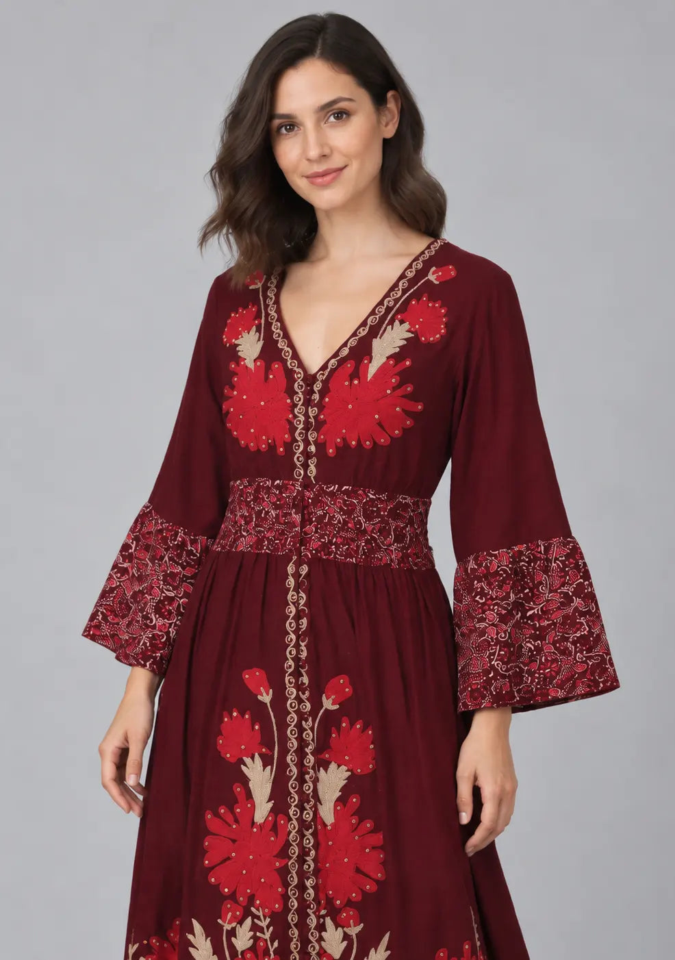 Women’s Cotton Jersey Floral Maxi Dress with Hand Embroidery - Fazli