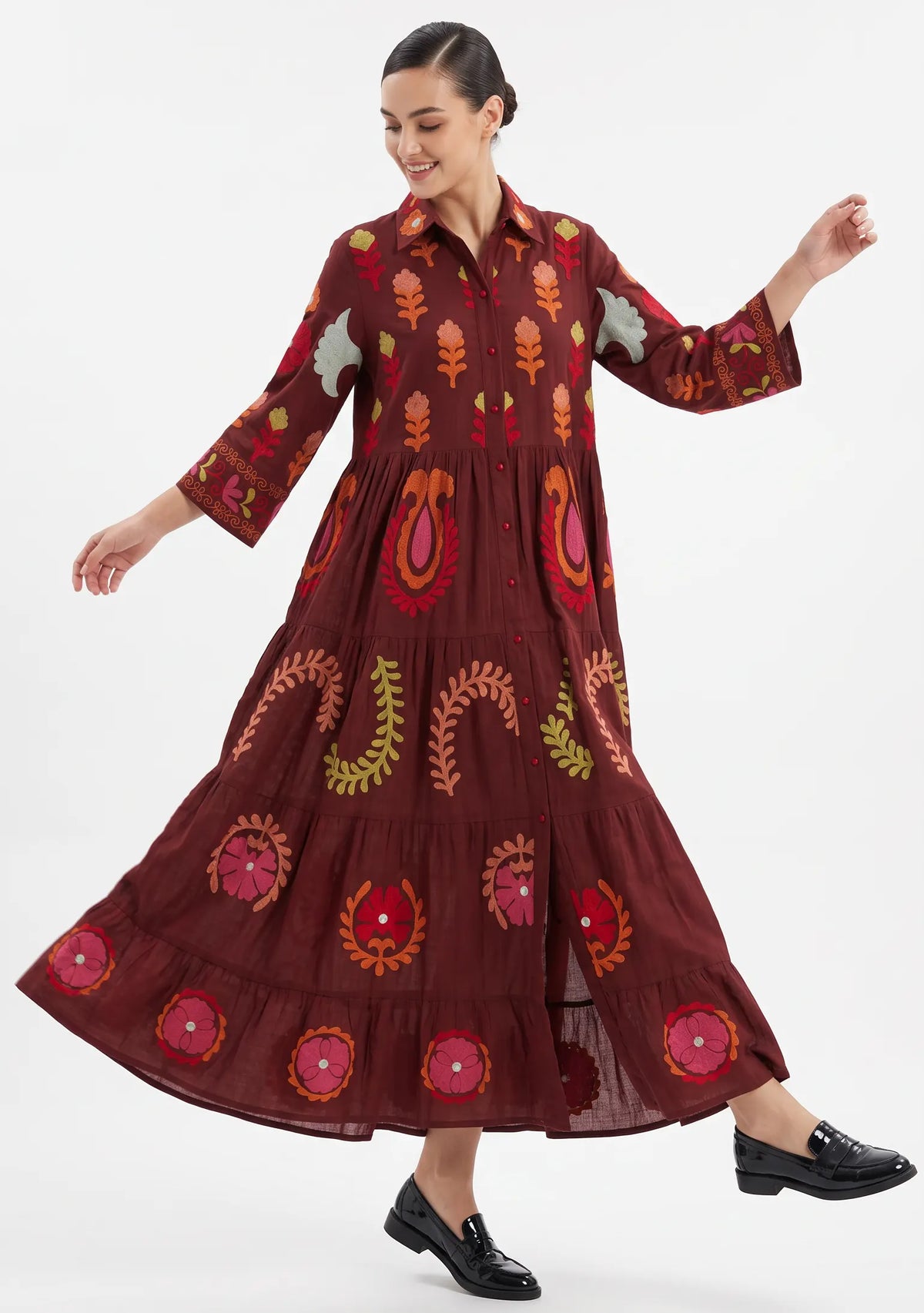 Women’s Cotton Hand-Embroidered Tiered Long Tunic - Ambir
