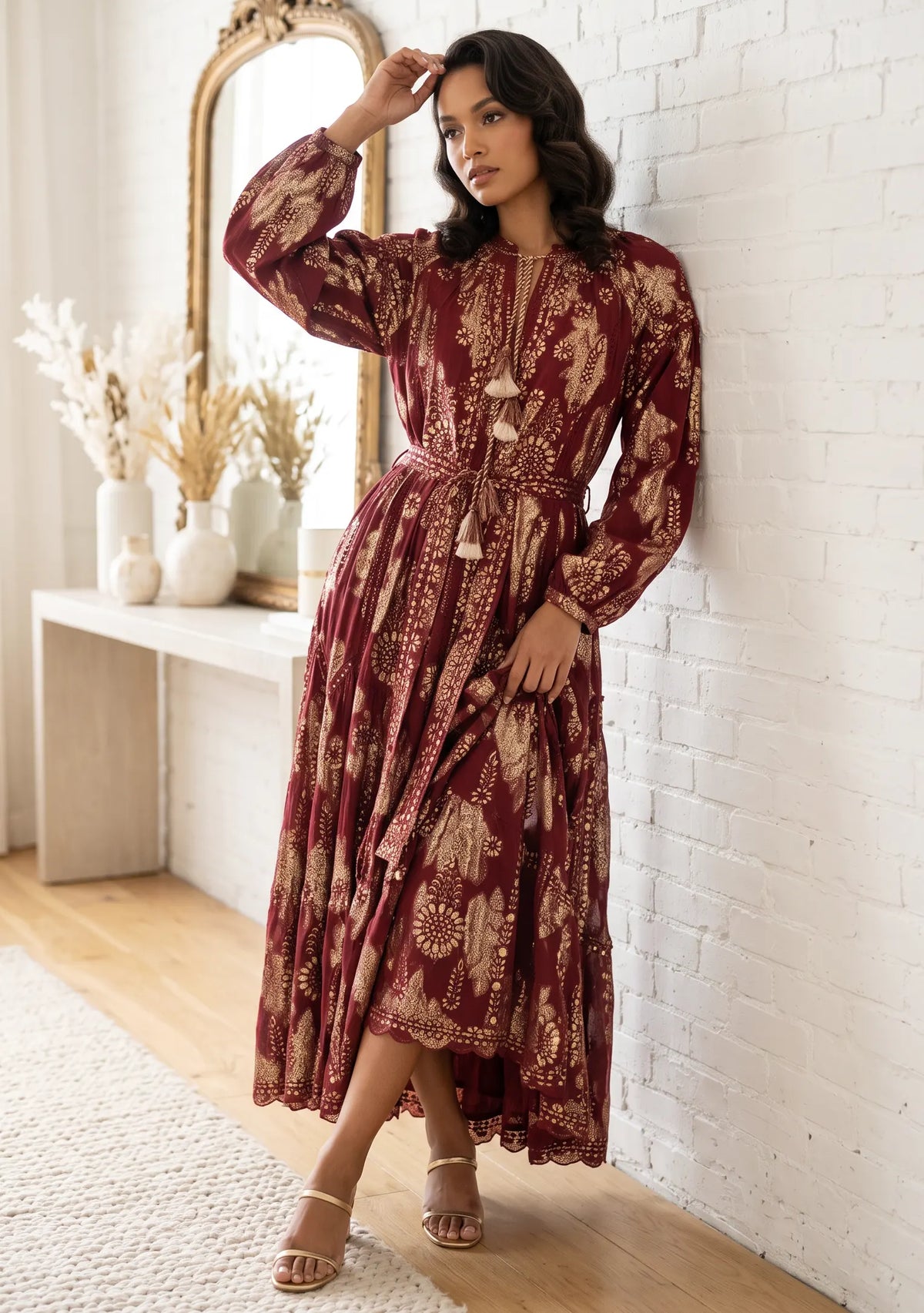Women’s Printed Cotton Lurex Embroidered Long Dress - Mavi