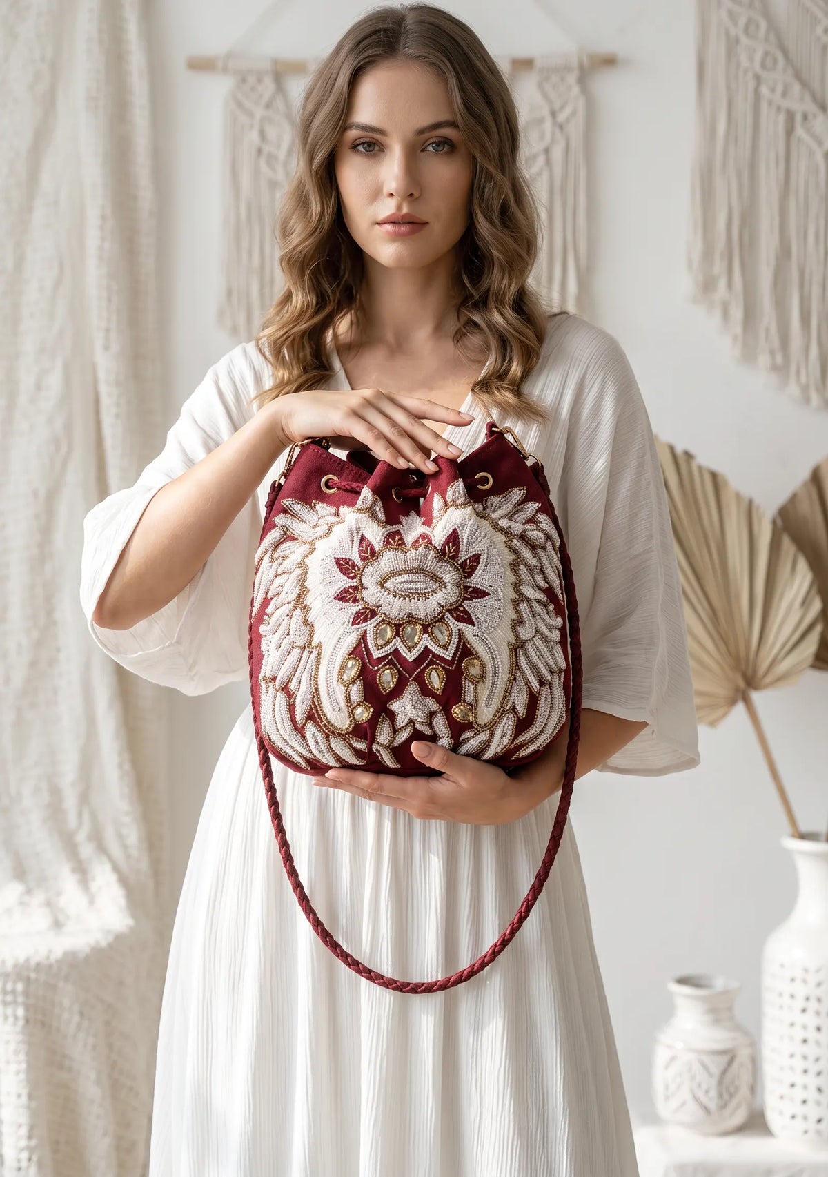 ibBan Hand-Embroidered Canvas Potli Bag with Beadwork - Leona