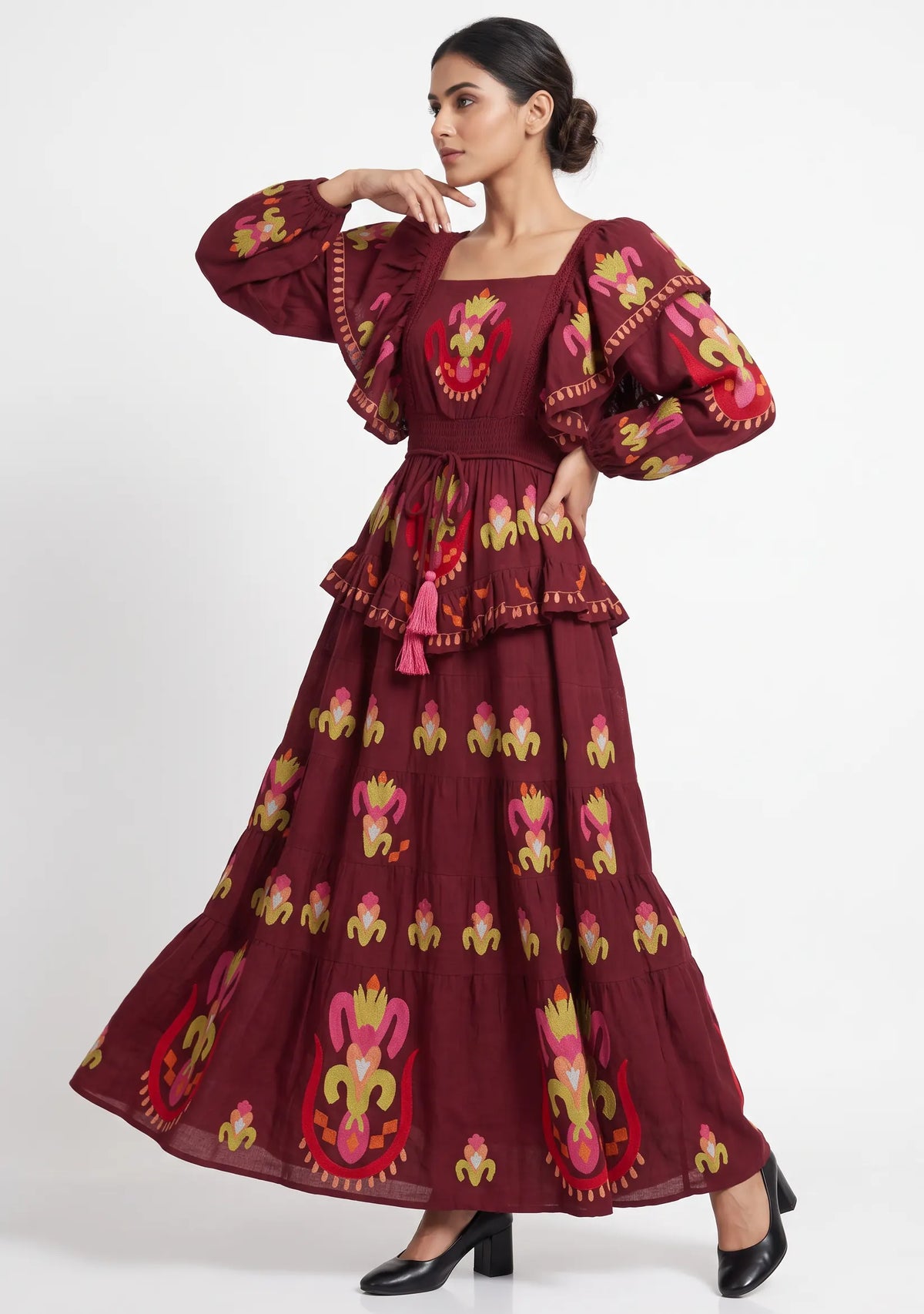 Women’s Cotton Hand-Embroidered Tiered Maxi Dress - Sona