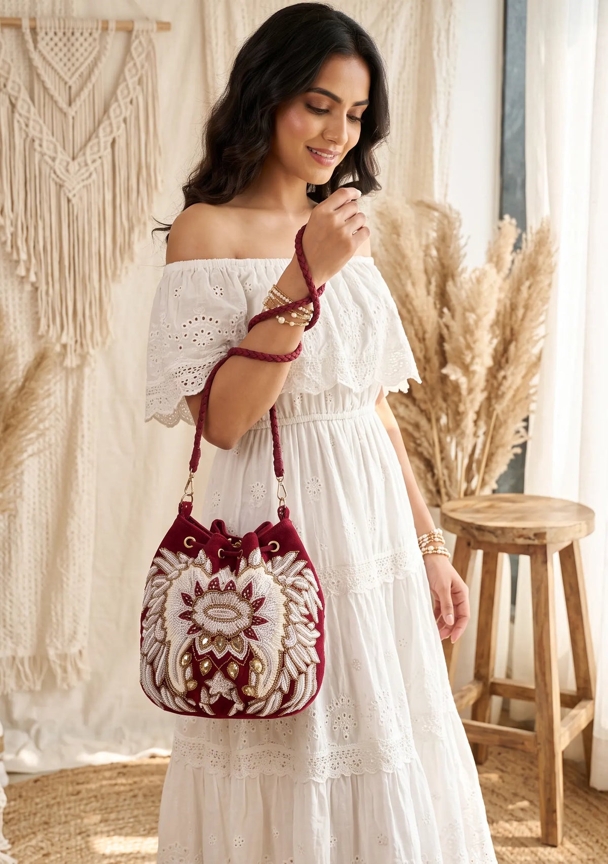 ibBan Hand-Embroidered Canvas Potli Bag with Beadwork - Leona