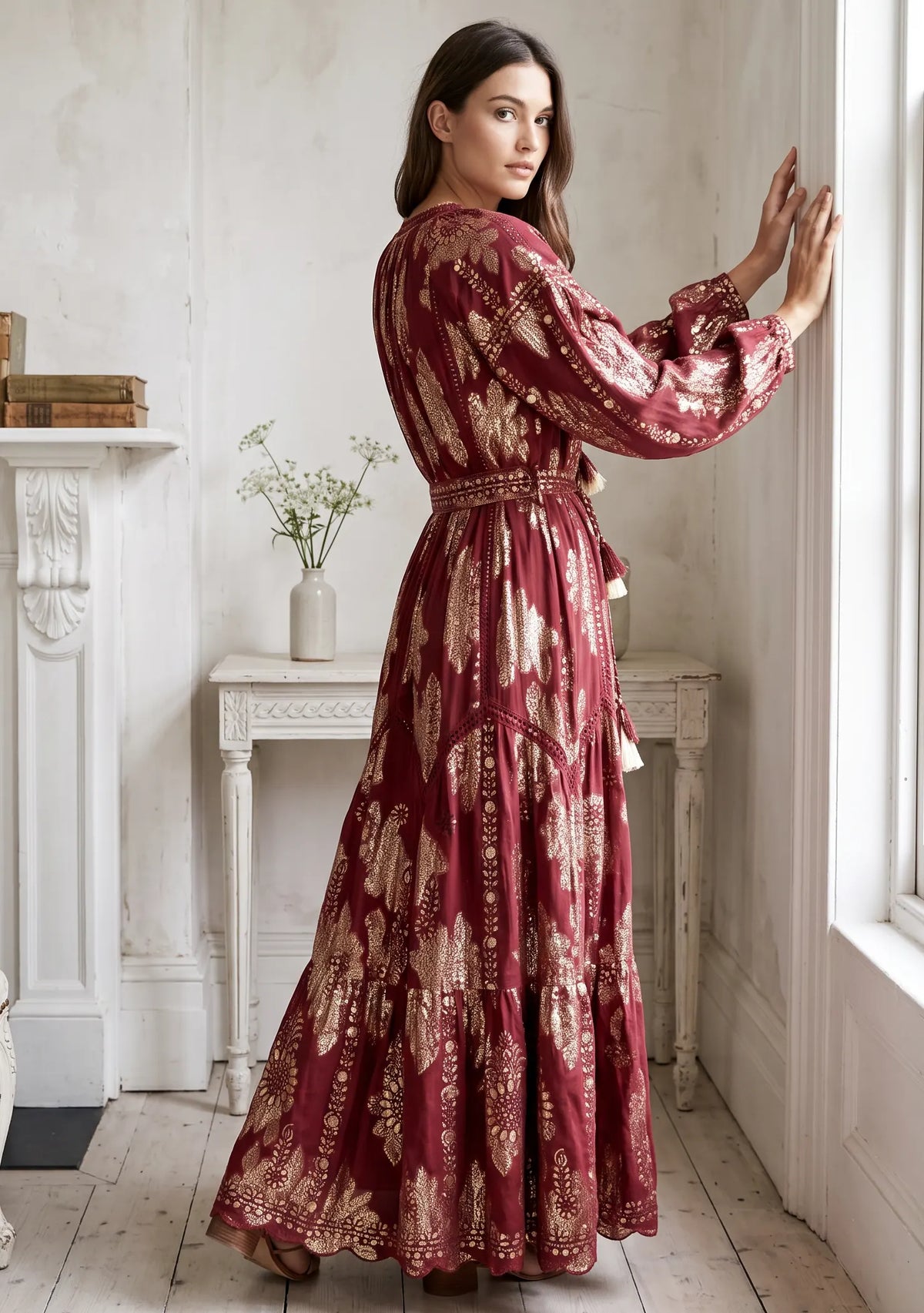 Women’s Printed Cotton Lurex Embroidered Long Dress - Mavi