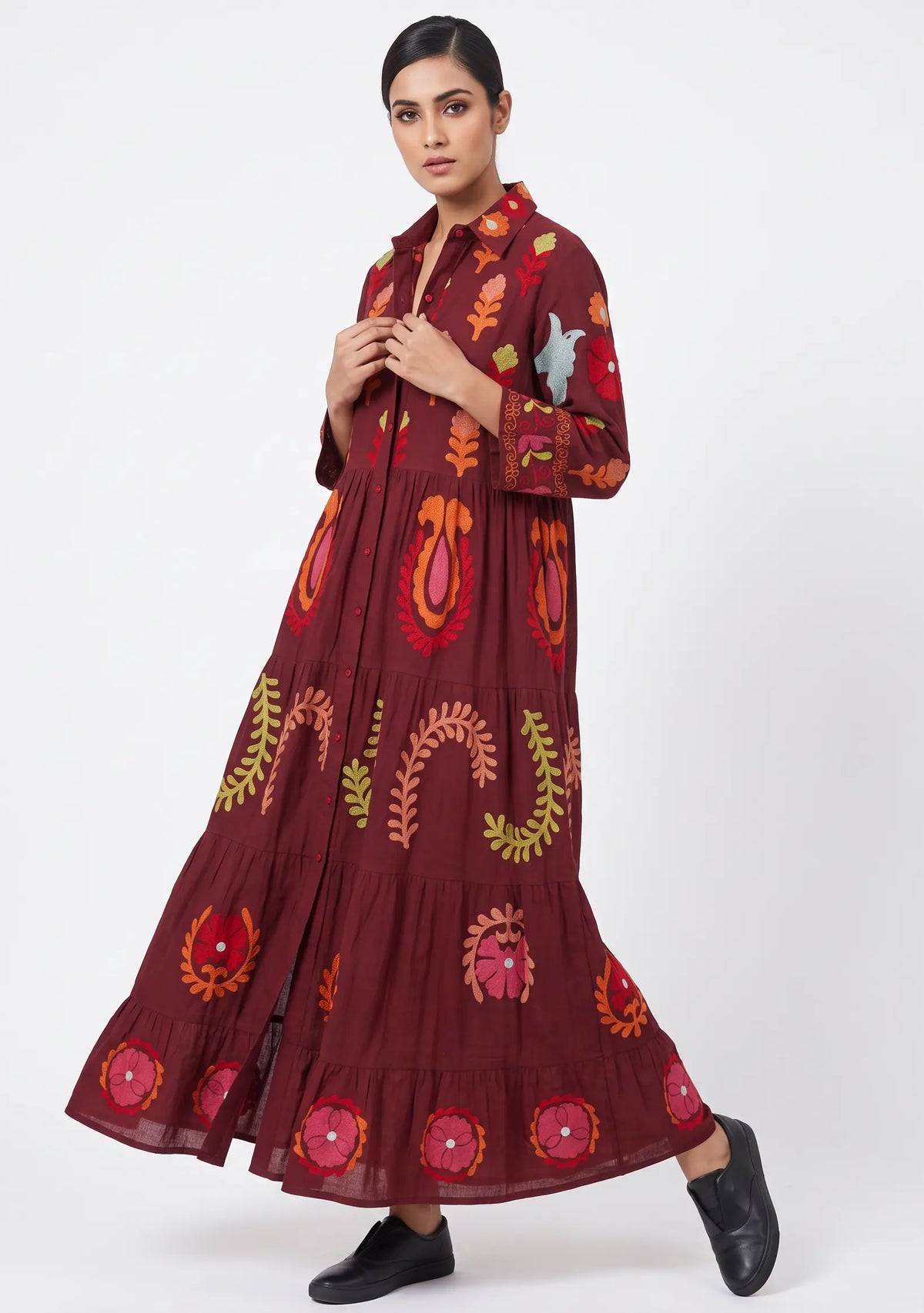 Women’s Cotton Hand-Embroidered Tiered Long Tunic - Ambir